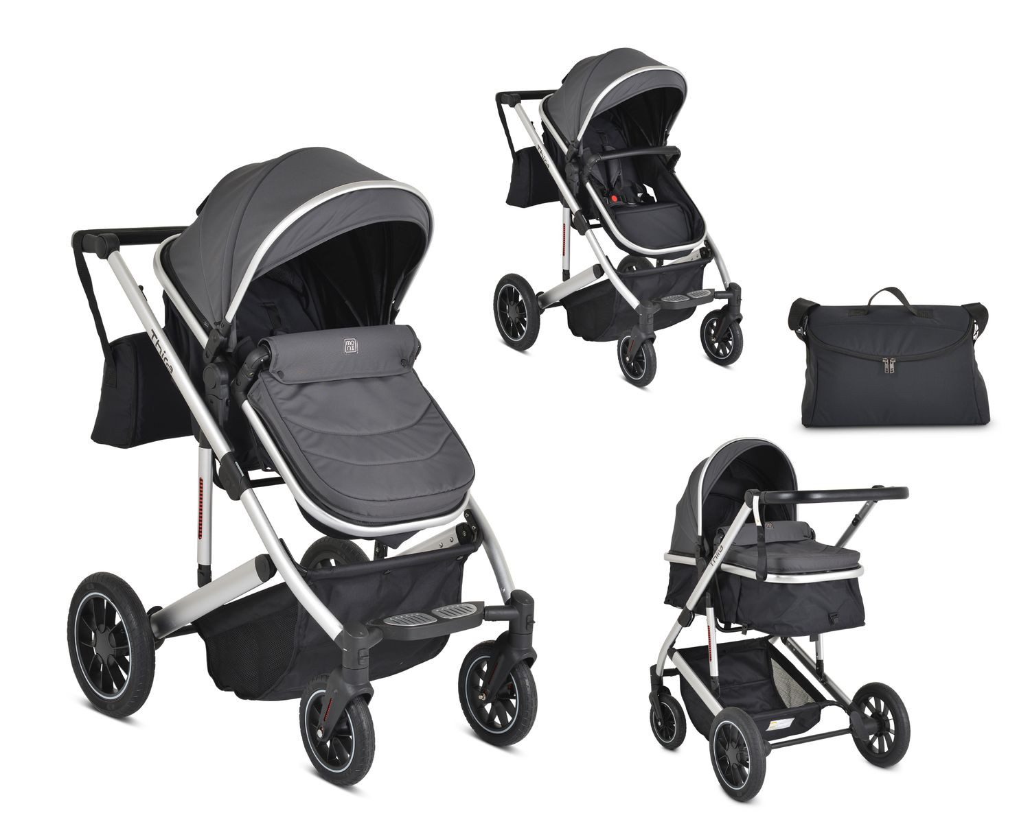 Moni Kombi-Kinderwagen Thira 2 in 1, Aluminium, 5-Punkt-Gurt, Babywanne, Wickeltasche, Fußabdeckung