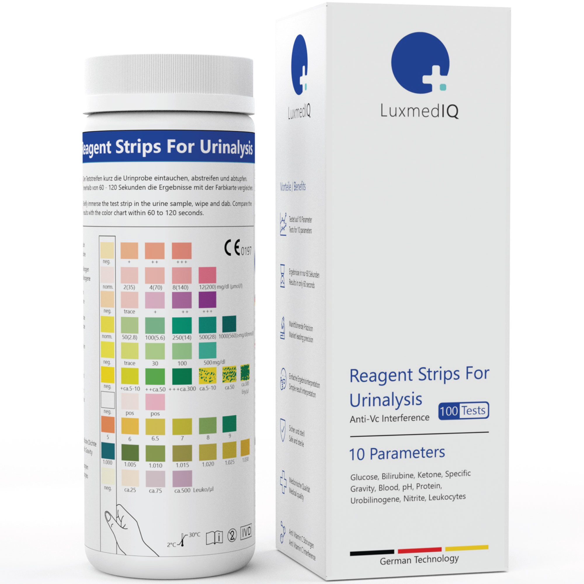 Harnsäure-Teststreifen 100x LuxmedIQ Gesundheitstest - Urin Teststreifen für 10 Parameter