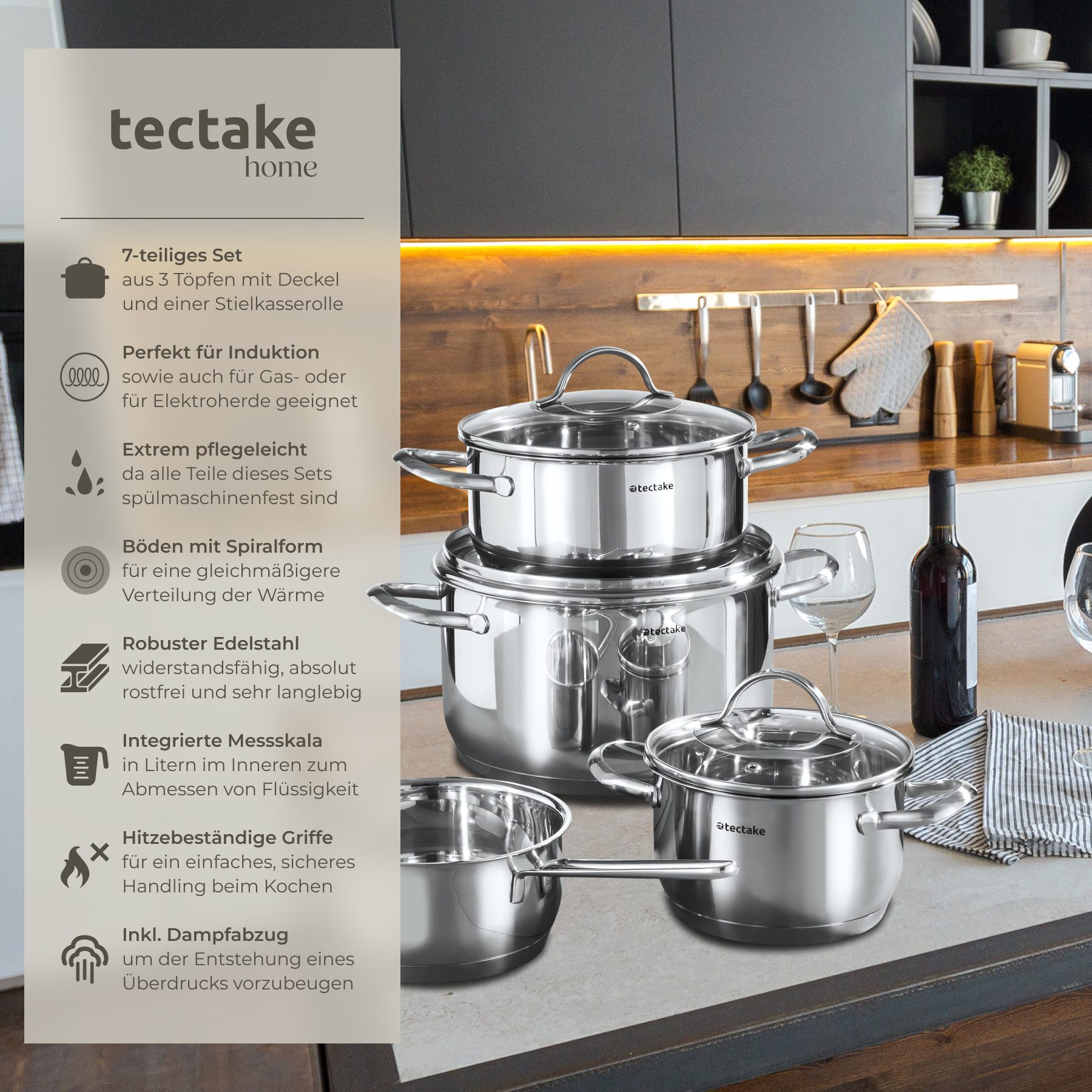 tectake Topf-Set Kochtopfset, Edelstahl (Komplettset, 7-tlg), 7-teilig, aus Edelstahl, für Induktion geeignet