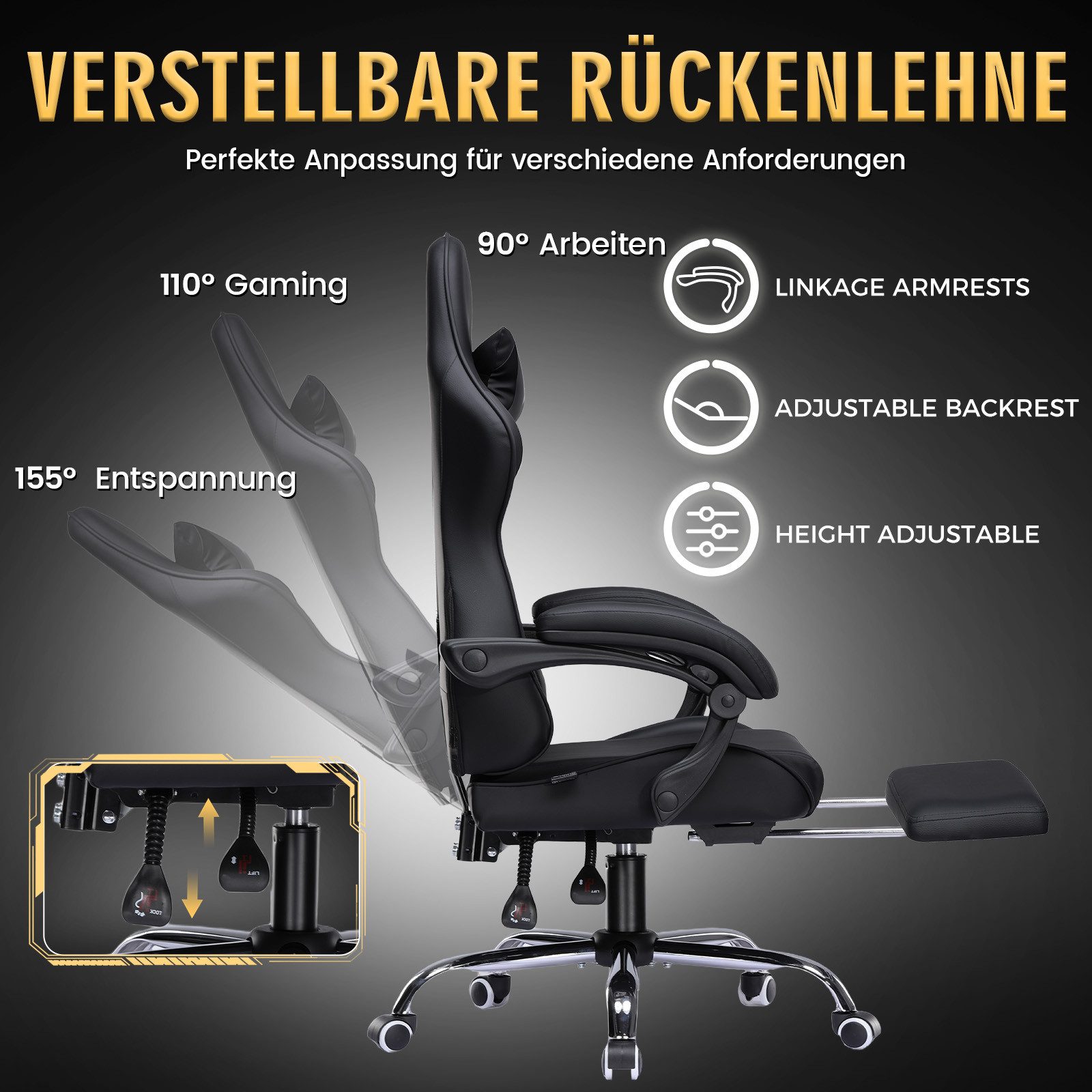 GTPLAYER Gaming-Stuhl Bürostuhl mit Massagefunktion, Fußstütze, Kopfstütze (Packung), Ergonomischer Gamer Stuhl Maximale Belastung 150 kg, 360° drehbar – Bild 3 von 5