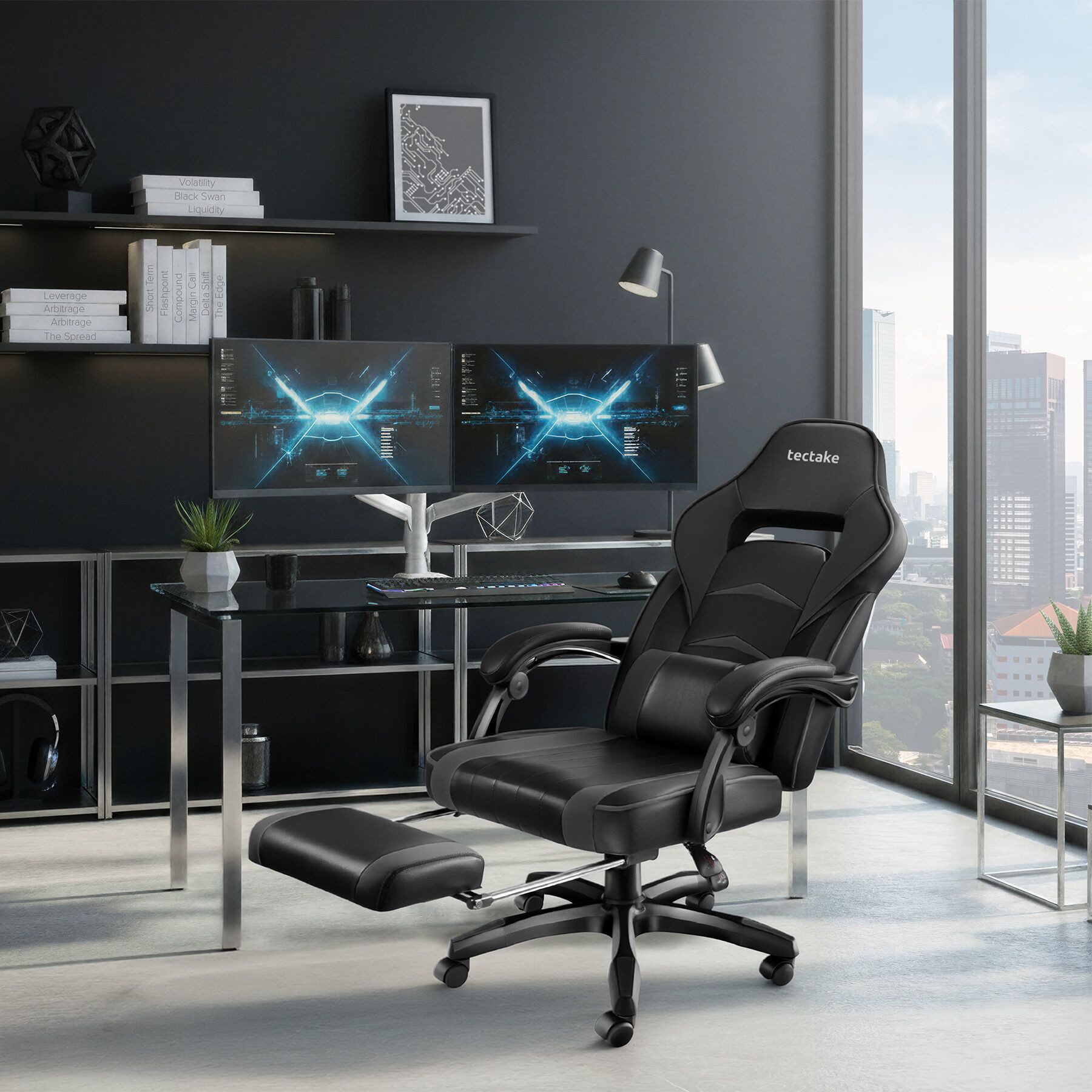 tectake Gaming-Stuhl Gaming-Sessel, Lendenkissen, Belastbarkeit 120 kg, Kunstlederbezug (Racing-Stuhl Comodo, 1 St), Mit Fußstütze, verstellbarer Rückenlehne & abnehmbarem Lendenkissen