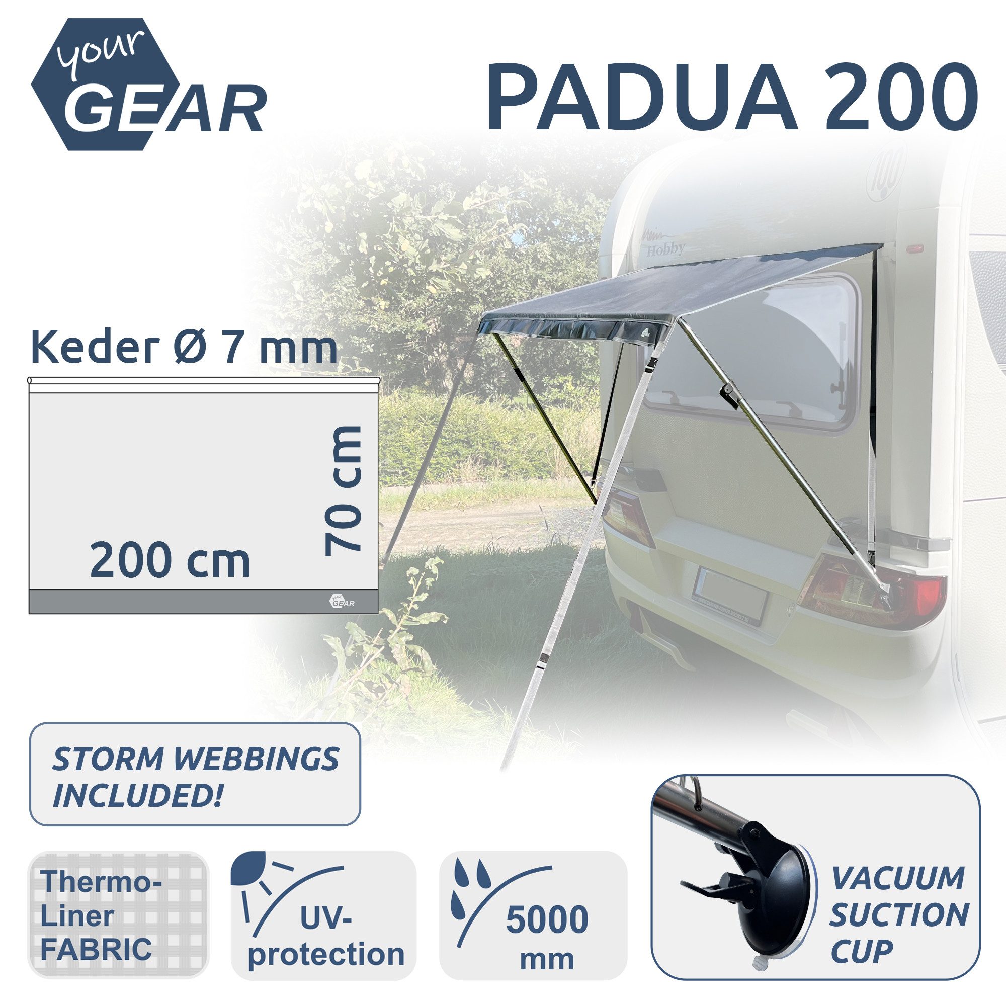 yourGEAR Sonnensegel your GEAR Padua - Fenstermarkise für Wohnwagen 200 x 70 cm, UV 80+