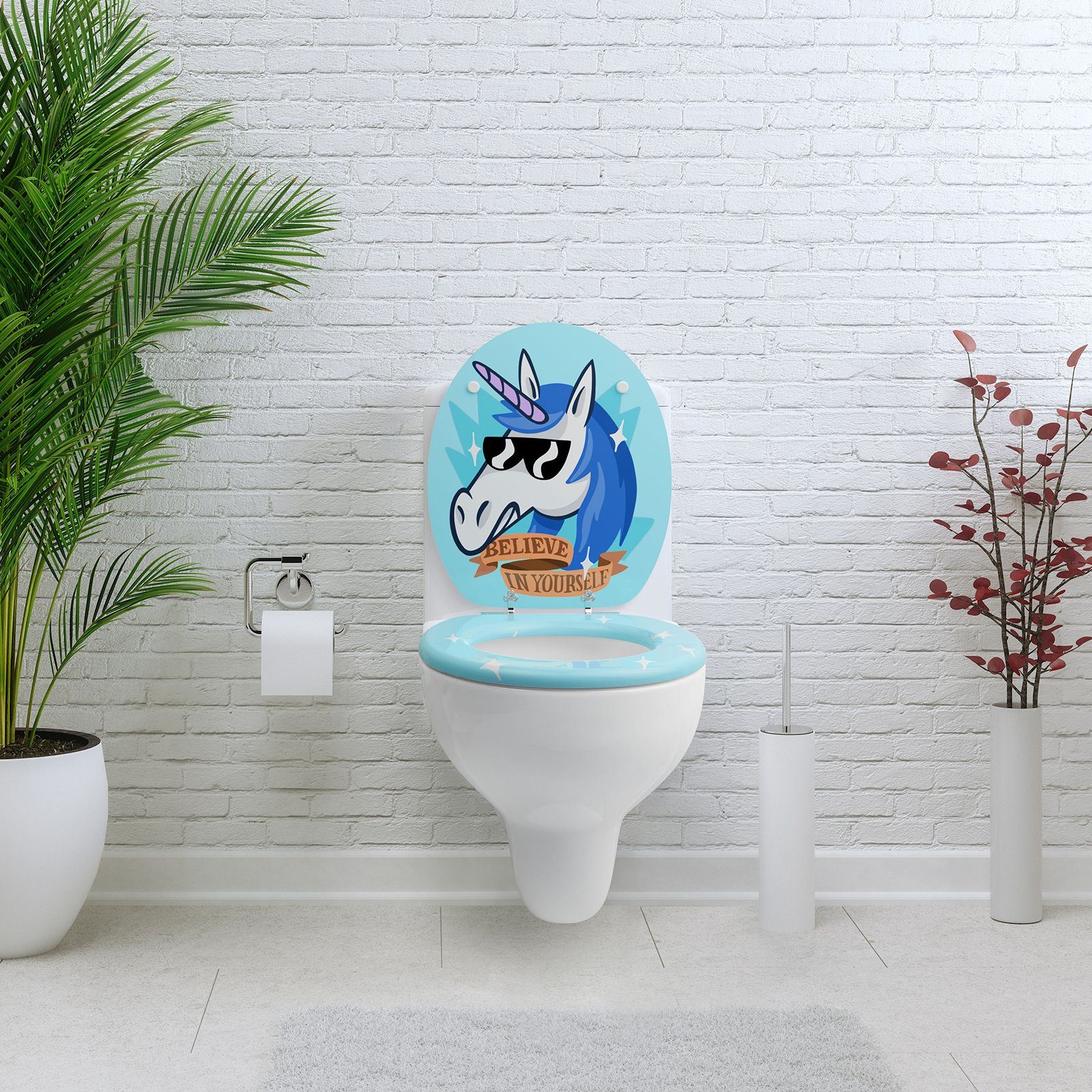 Sanfino WC-Sitz "Funky Unicorn“ Premium Toilettendeckel mit Absenkautomatik aus Holz, mit schönem Motiv, hohem Sitzkomfort, einfache Montage – Bild 4 von 5