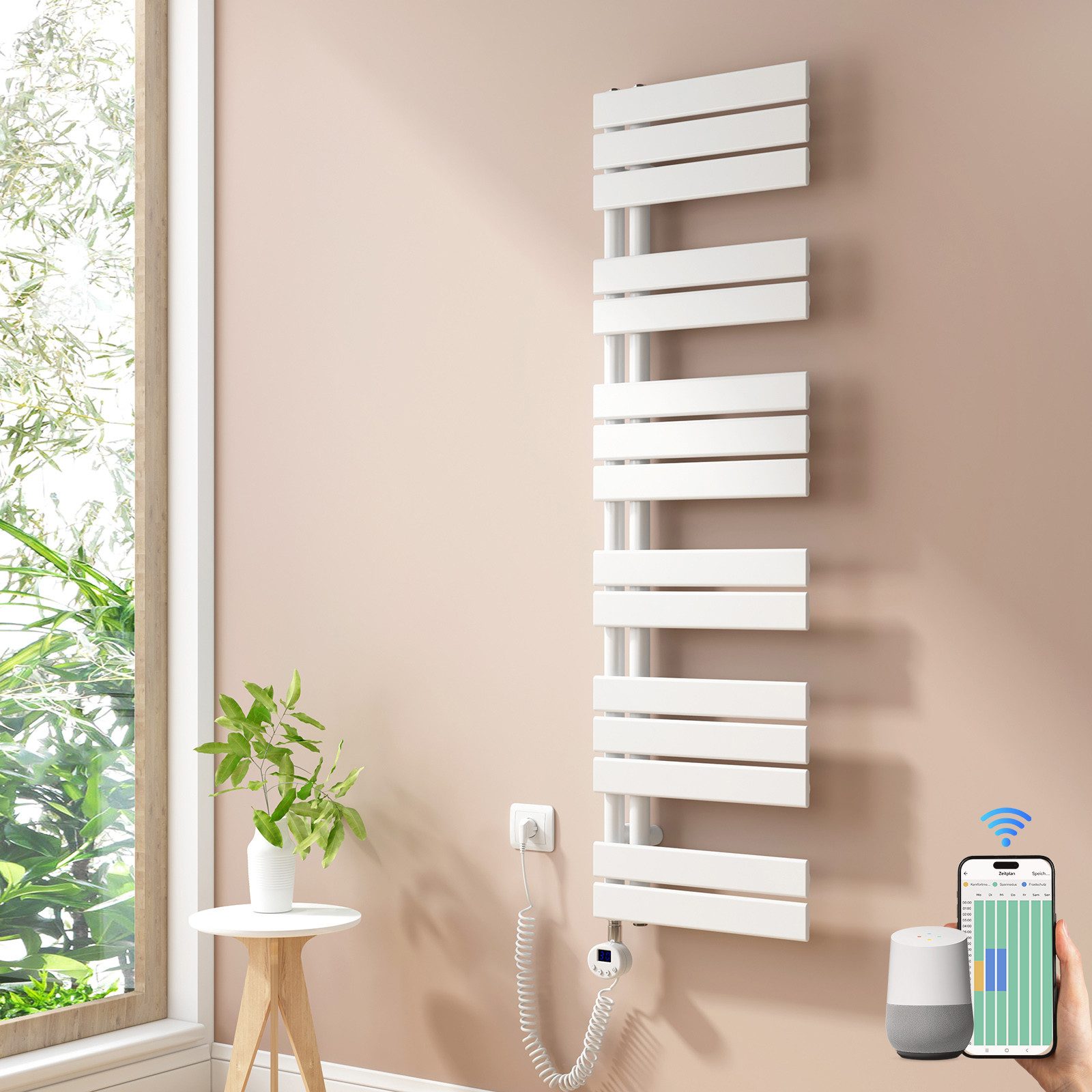 Heilmetz Badheizkörper asymmetrisch, mit Smart WLAN Thermostat, Heizstab und Handtuchwärmer, 140 x 40 cm, 600 W, Weiß, App/Sprachsteuerung und 7-Tage-Programm