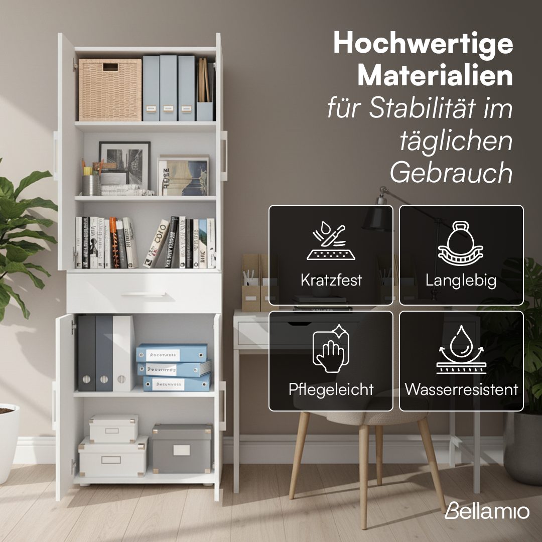 Bellamio Mehrzweckschrank Apol (Weiß) Aktenschrank mit 6 Fächern, inkl. 1 Schublade, robust & kratzfest