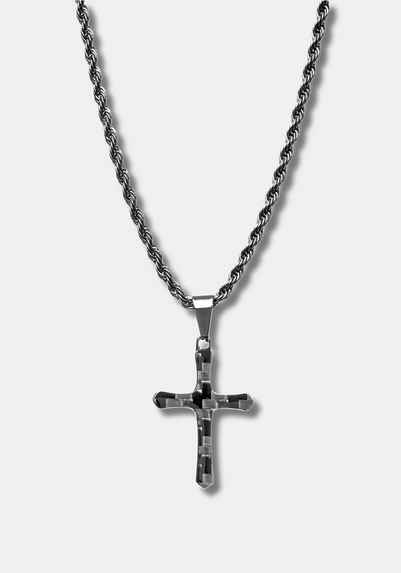 CRBNCNCPT Kette mit Anhänger Carbon Kreuz Anhänger mit Edelstahl Kette, Cross Herren Halskette