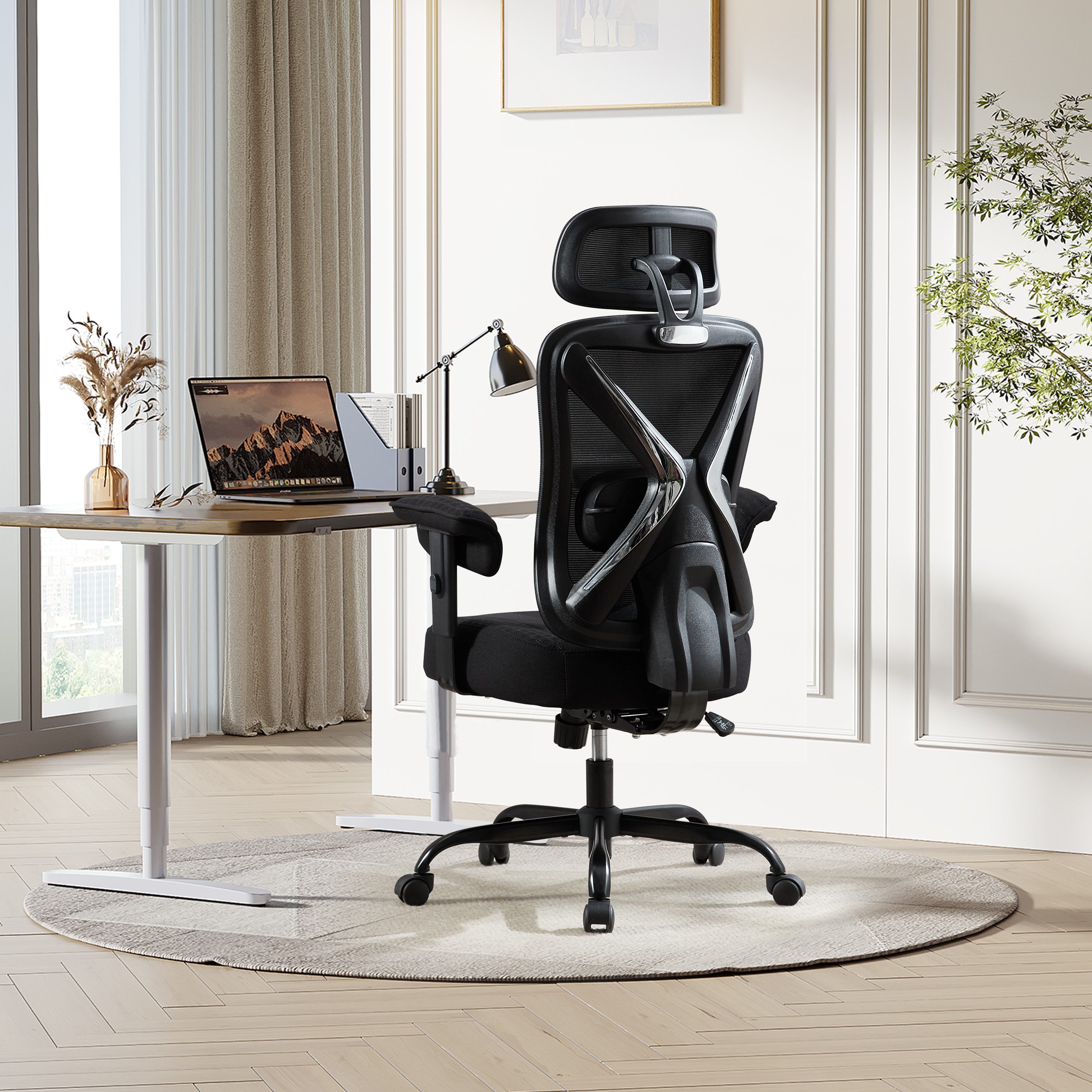 UEV Bürostuhl Ergonomisch bis 220KG Gaming Stuhl Wippfunktion (Schreibstuhl mit Armlehnen und Kopistütze, höhenverstellbarer Arbeitsstuhl, Drehstuhl mit Netzbes – Bild 4 von 5
