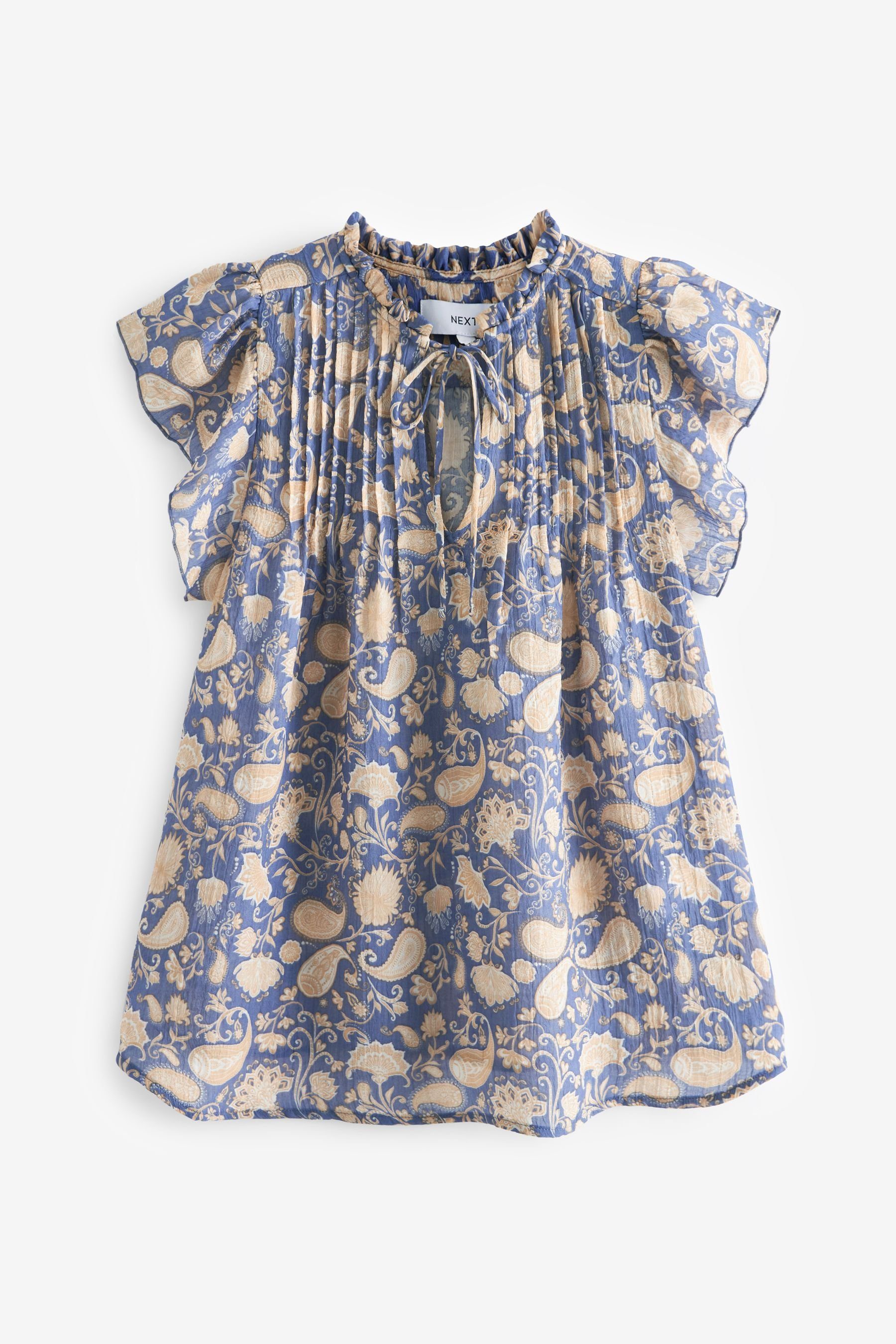 Next Blusenshirt Kurzarm-Bluse mit und Floral Flatterärmeln Blue Biesen (1-tlg)