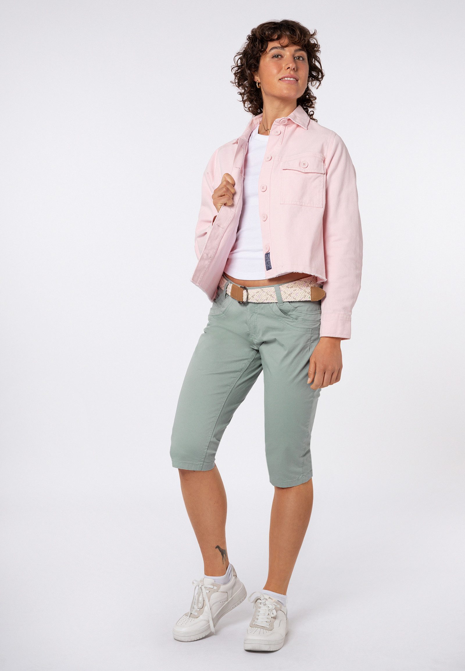 SUBLEVEL Caprihose Damen Stretch-Capri mit Gürtel Stretch-Twill-Shorts, knielang, Paper Touch
