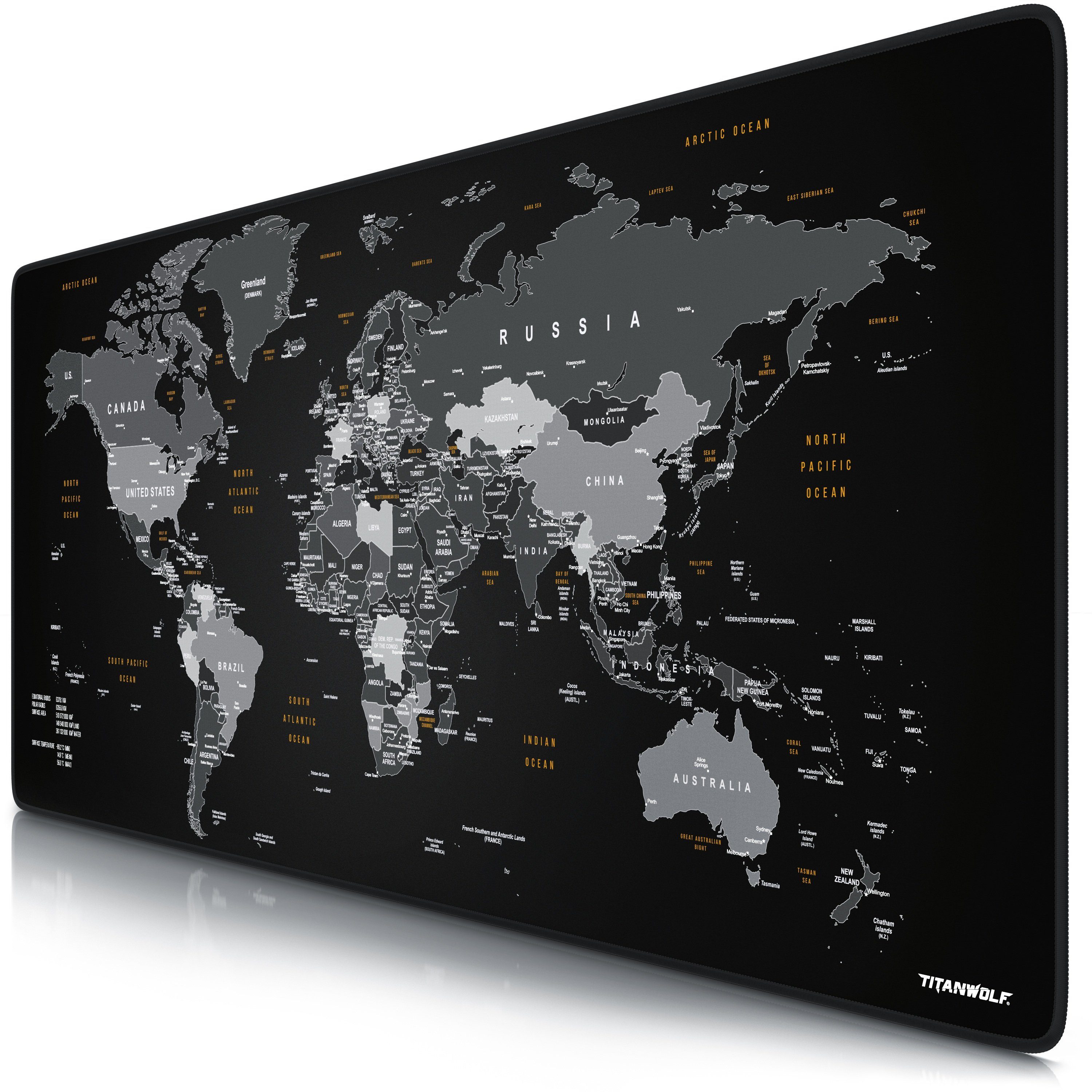 Titanwolf Gaming Mauspad XXL Speed Mousepad 900 x 400 x 3 mm, große Tischunterlage (1-St), rutschfest, abwaschbar, Geschwindigkeit & Präzision, Weltkarte Global