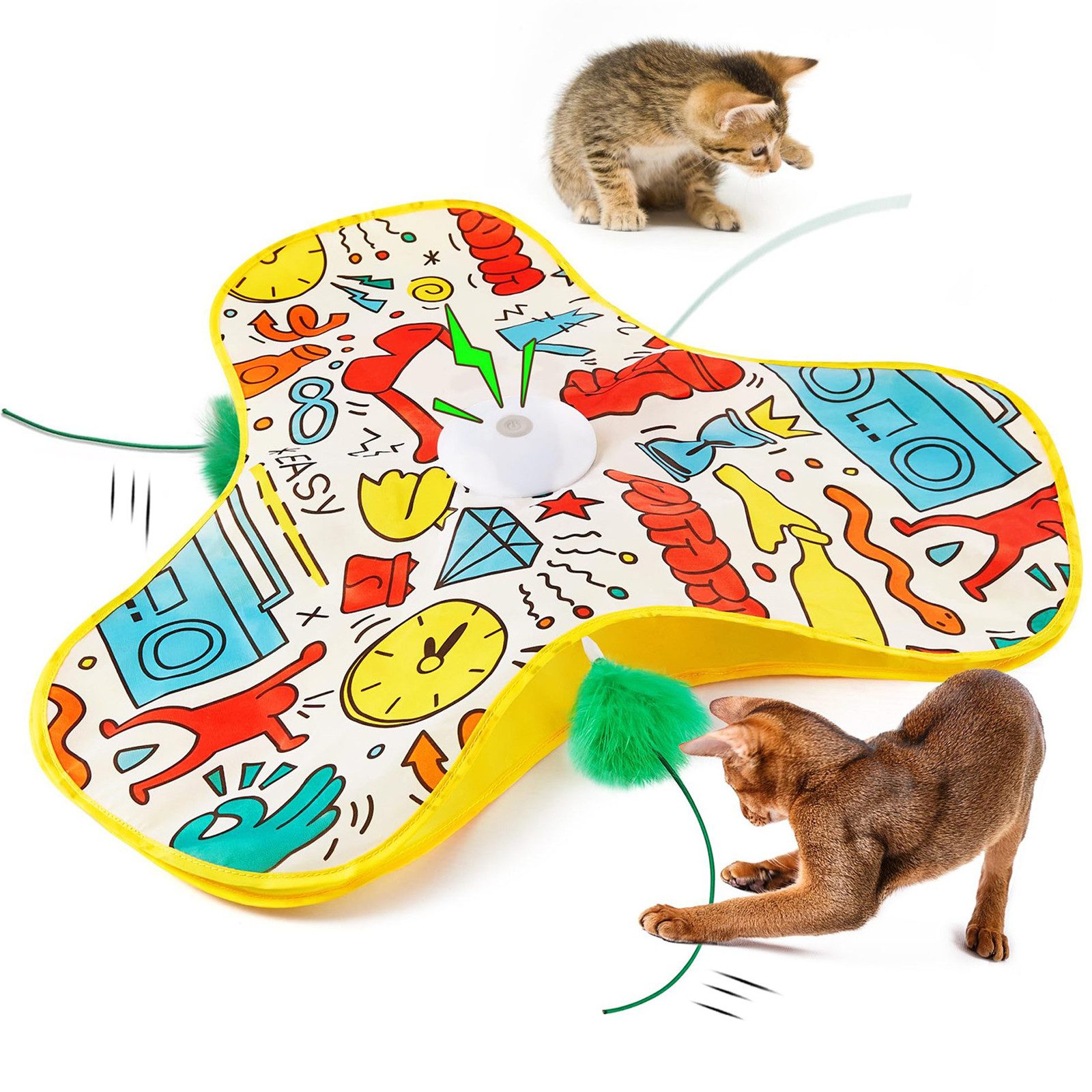 AIMAX Katzen-Spielschiene Interaktives elektrisches Katzenspielzeug zur Selbstbeschäftigung, Automatische Jagdhaube mit Federn, Mausgeräuschen & farbigem Design