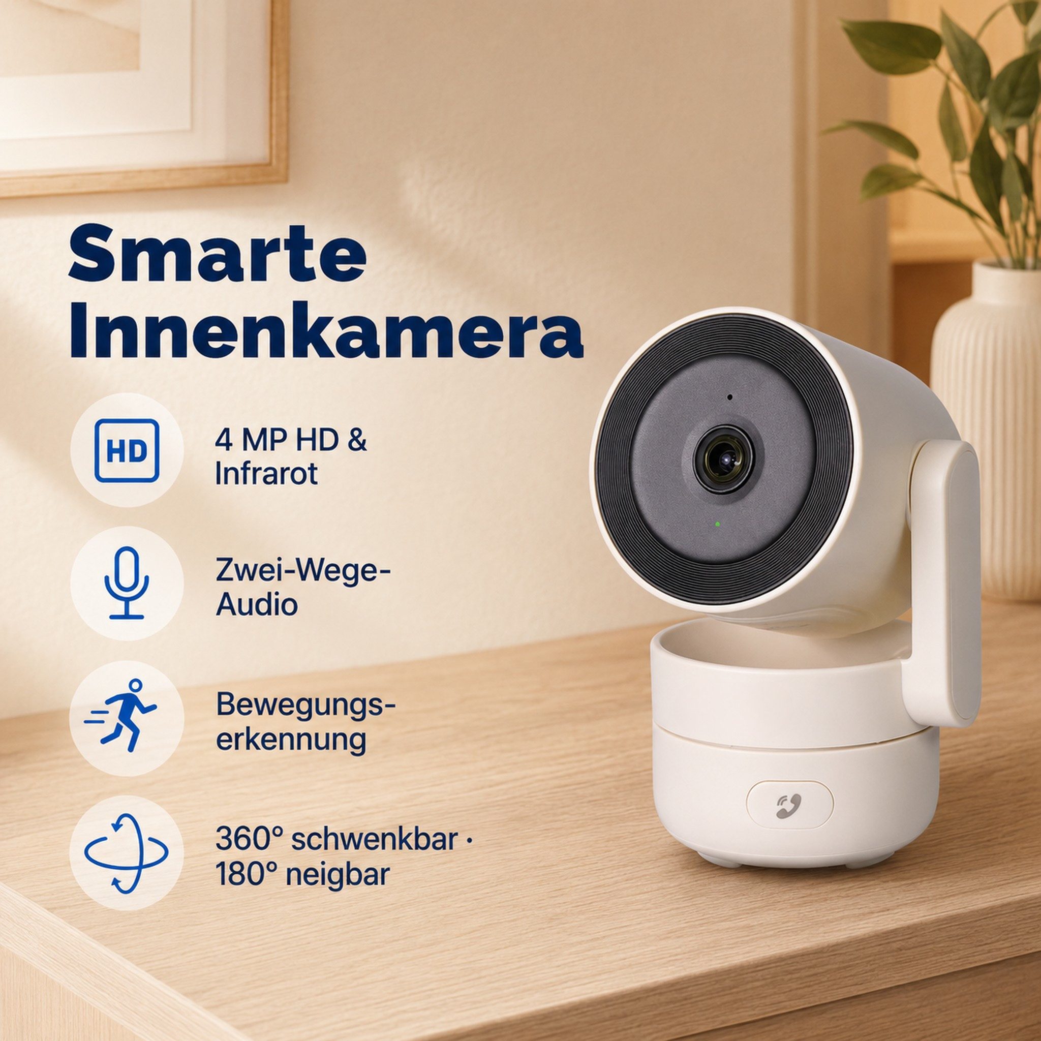HS.SUPPLY Überwachungskamera 4MP WLAN Überwachungskamera Innen PTZ Nachtsicht App (Innenbereich, Direkt einsatzbereit, 360° schwenkbar, 180° neigbar, Infrarot-Nachtsicht, Privatsphäre-Modus)