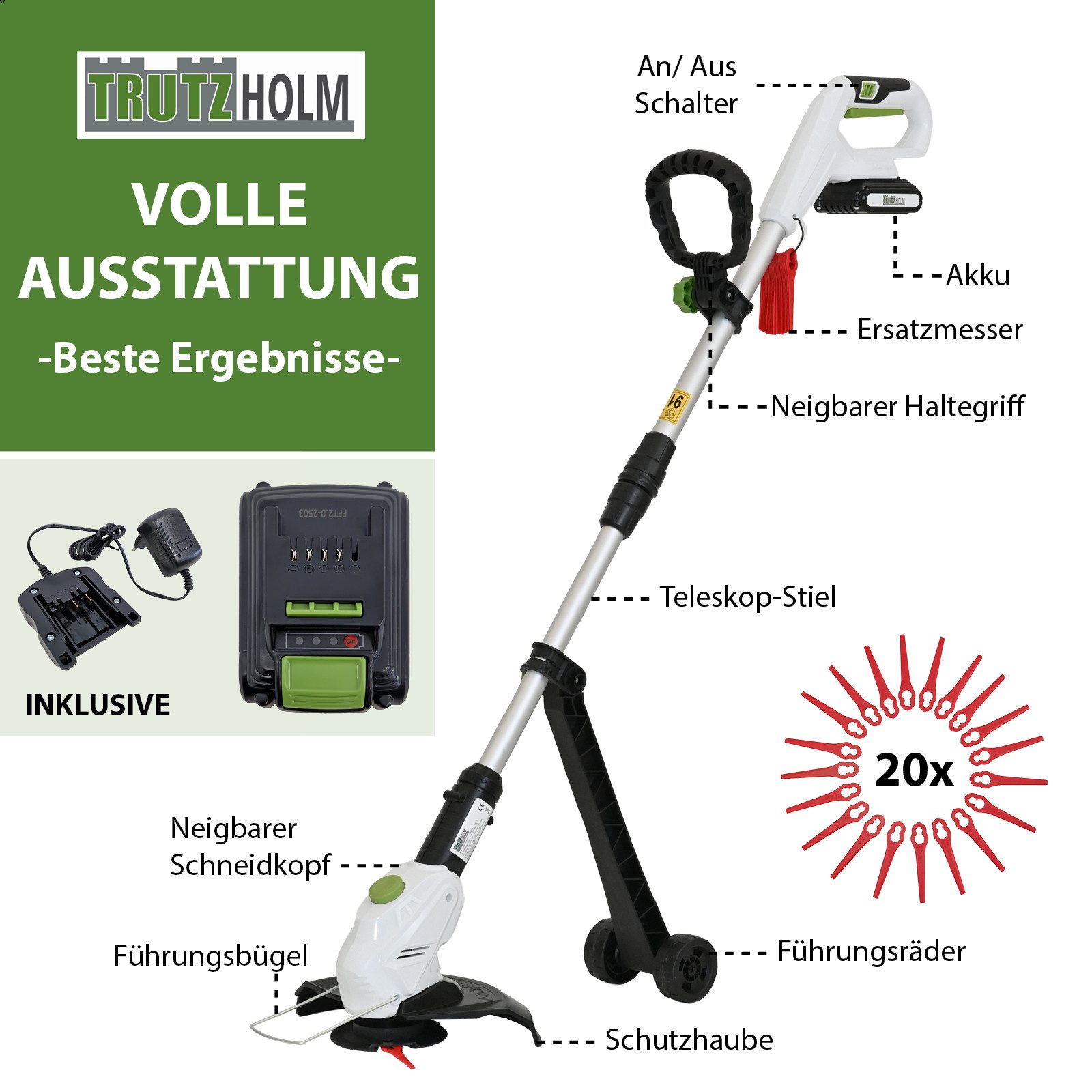 TRUTZHOLM Akku-Rasentrimmer 20 V 2,0 Ah Akku & Ladegerät Schnittkreis 26 cm inkl. 20x Nylonmesser, 26 cm Arbeitsbreite Messer, (Komplett-Set, Inkl. Akku und Ladegerät, 20 x Ersatzmesser), Kantenführungsbügel,Schutzhaube,neigbarer Haltegriff,Führungsräder