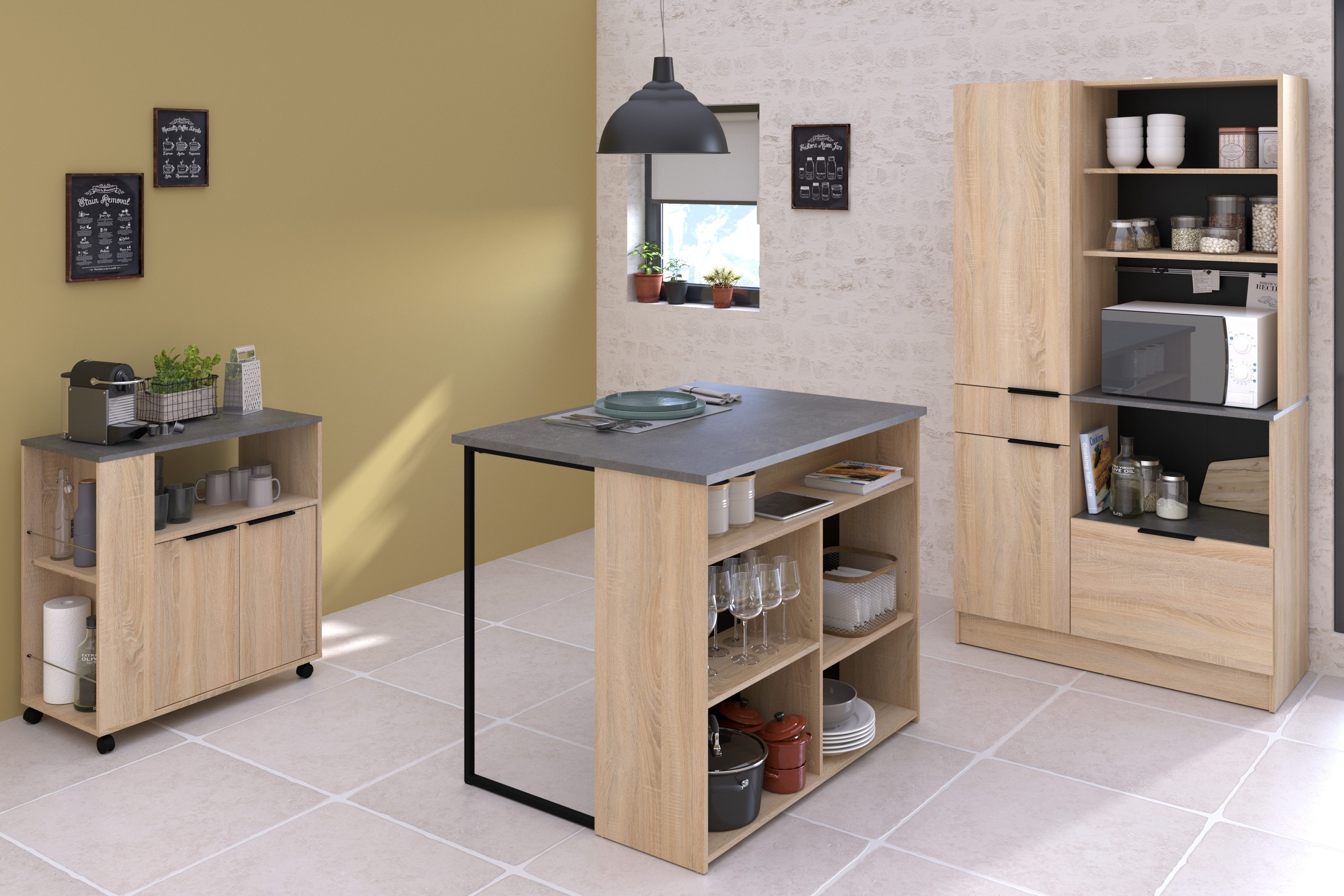 Parisot Küchenbuffet Fumay in Eiche und Beton (Komplett Set, 3-St., Küchenbuffet) Melamin beschichtet