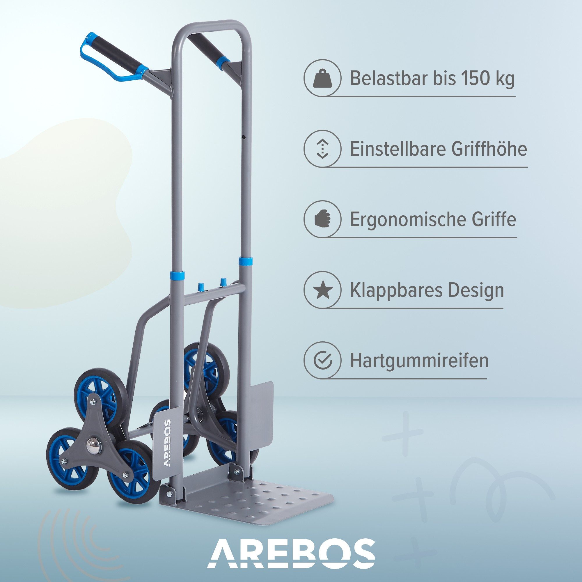 Arebos Treppensackkarre Sackkarre Transportkarre 150kg Treppensteiger Stappelkarre, Höhenverstellbar: 74 - 109 cm, Ladefläche: 31,1 x 28,8 cm