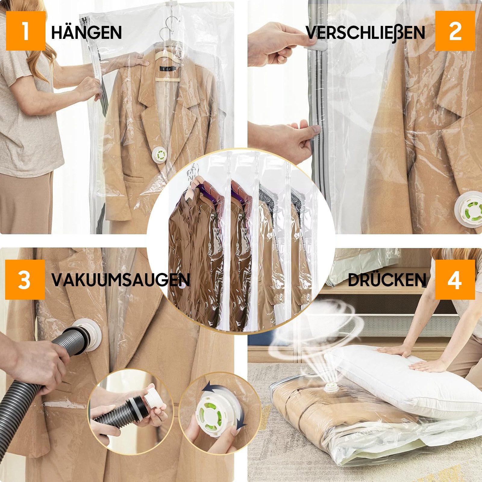 SURFOU Aufbewahrungstasche Hängende Vakuumbeutel Kleidersack Vakuum, (Set, 4 St) Vakuumbeutel für Kleidung, platzsparend im Kleiderschrank – Bild 5 von 5