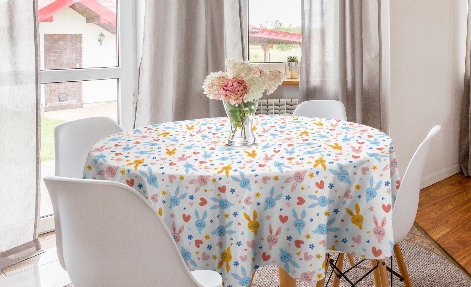 Abakuhaus Tischdecke Kreis Baby-Häschen-Blumen für Tischdecke Abdeckung Küche Esszimmer Dekoration, Pastell