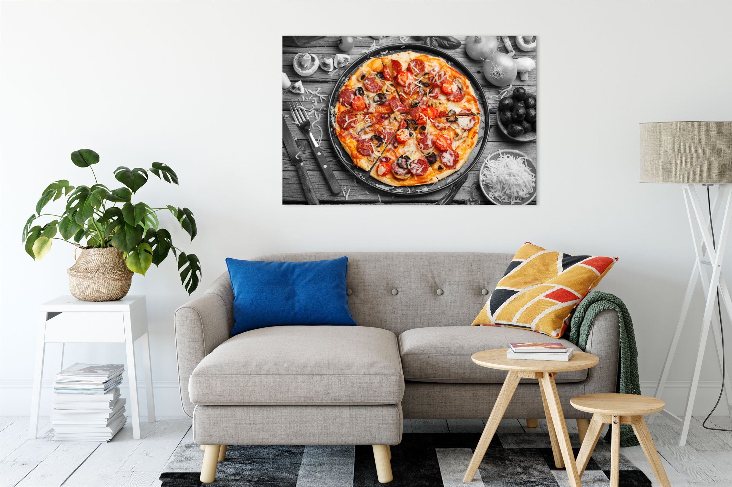 Pixxprint (1 Zackenaufhänger Leinwandbild bespannt, St), Pizzablech, Pizza Leinwandbild inkl. Pizzablech auf Pizza auf fertig