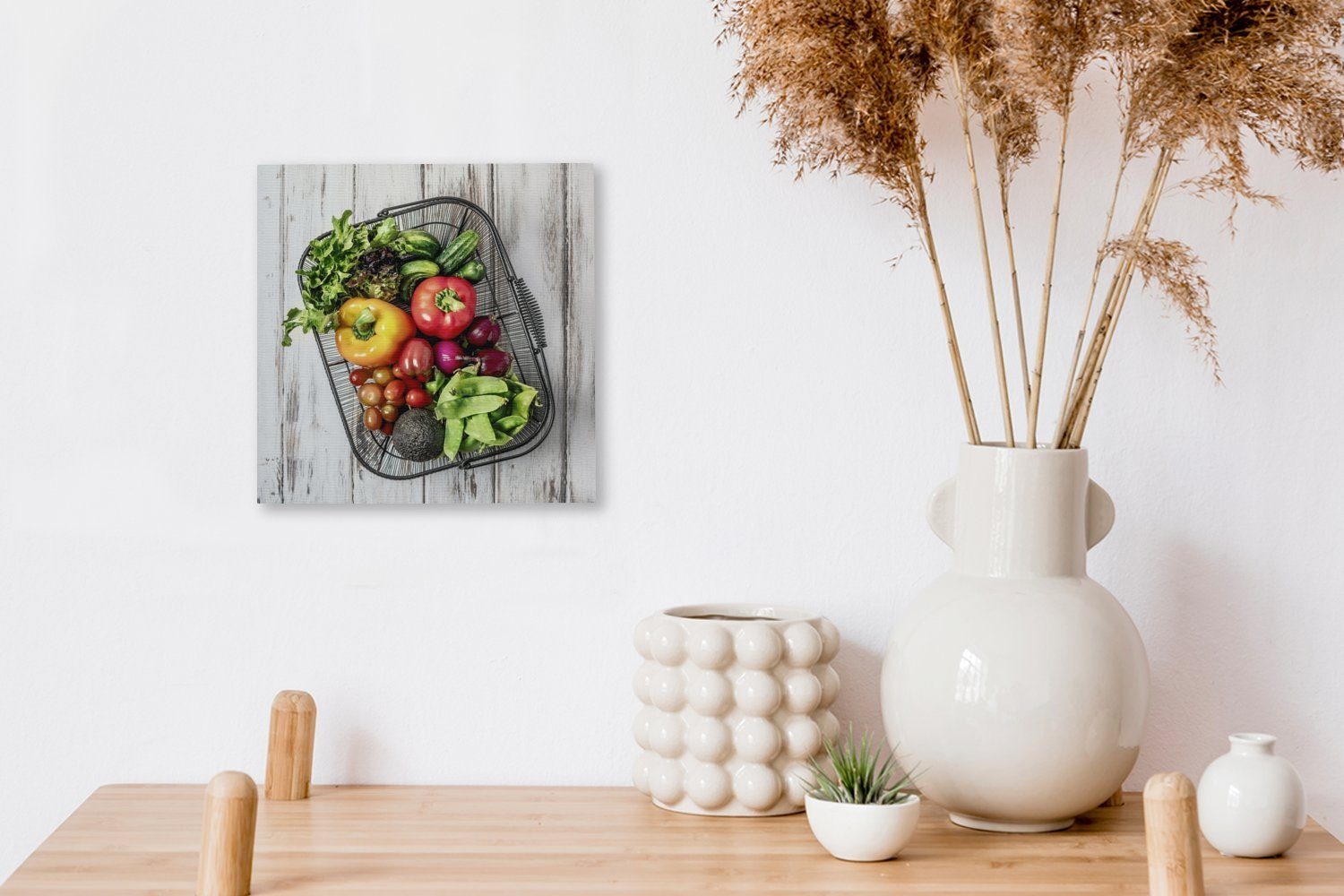 einen Leinwandbild Leinwand Draufsicht Gemüsesorten, mit Wohnzimmer (1 Bilder Schlafzimmer St), Korb verschiedenen auf für OneMillionCanvasses®