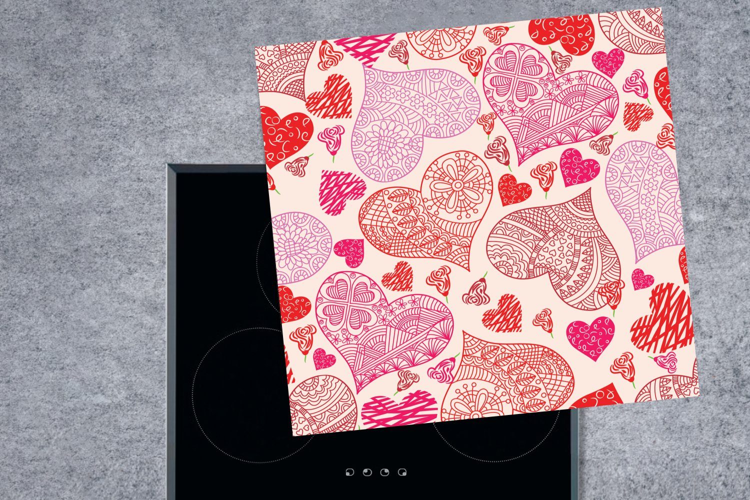 MuchoWow Herdblende-/Abdeckplatte (1 und küche Illustration für Arbeitsplatte roten tlg), Ceranfeldabdeckung, cm, rosa Herzen, 78x78 mit Eine Vinyl
