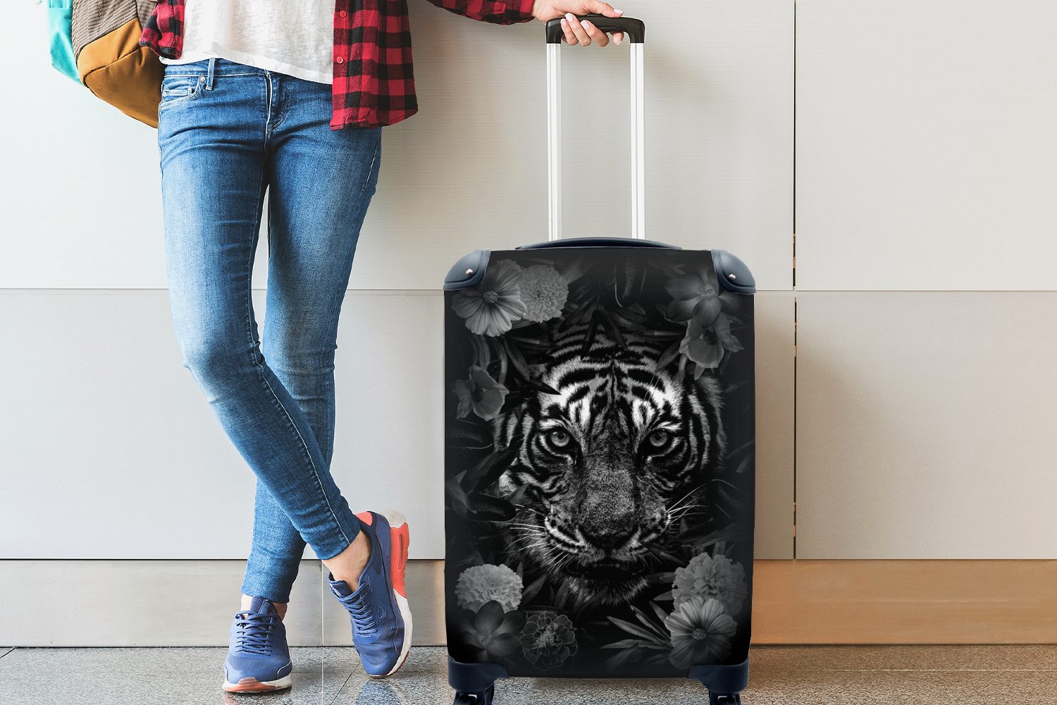 MuchoWow für Rollen, den Handgepäck zwischen Reisetasche Trolley, Tiger schwarz weiß, Reisekoffer Handgepäckkoffer Ferien, und Blumen - mit 4 rollen,