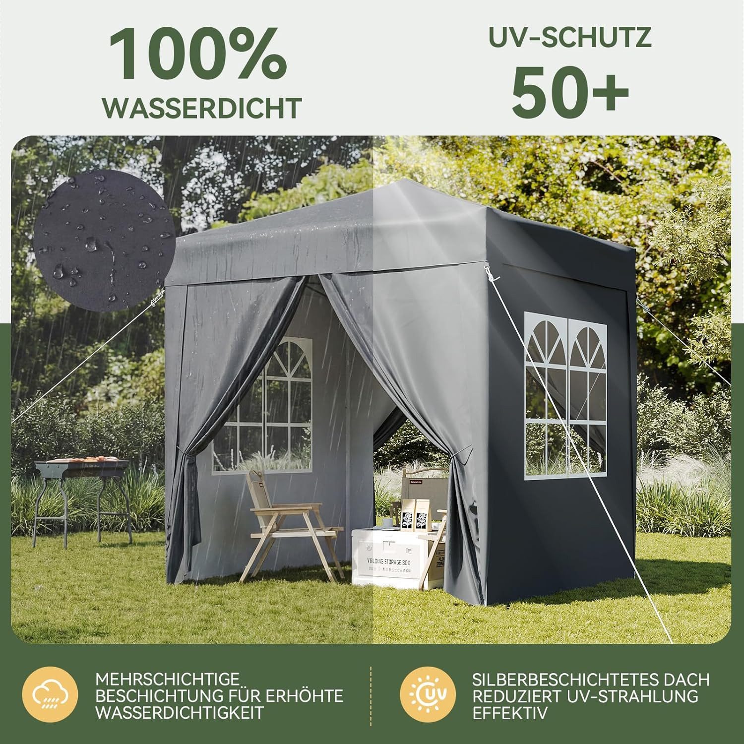 AOXUN Pavillon 2x2m Wasserdicht mit 4 Seitenwänden,Grau, für individuell anpassbare Belüftung, in drei Höhen verstellbar – Bild 3 von 5