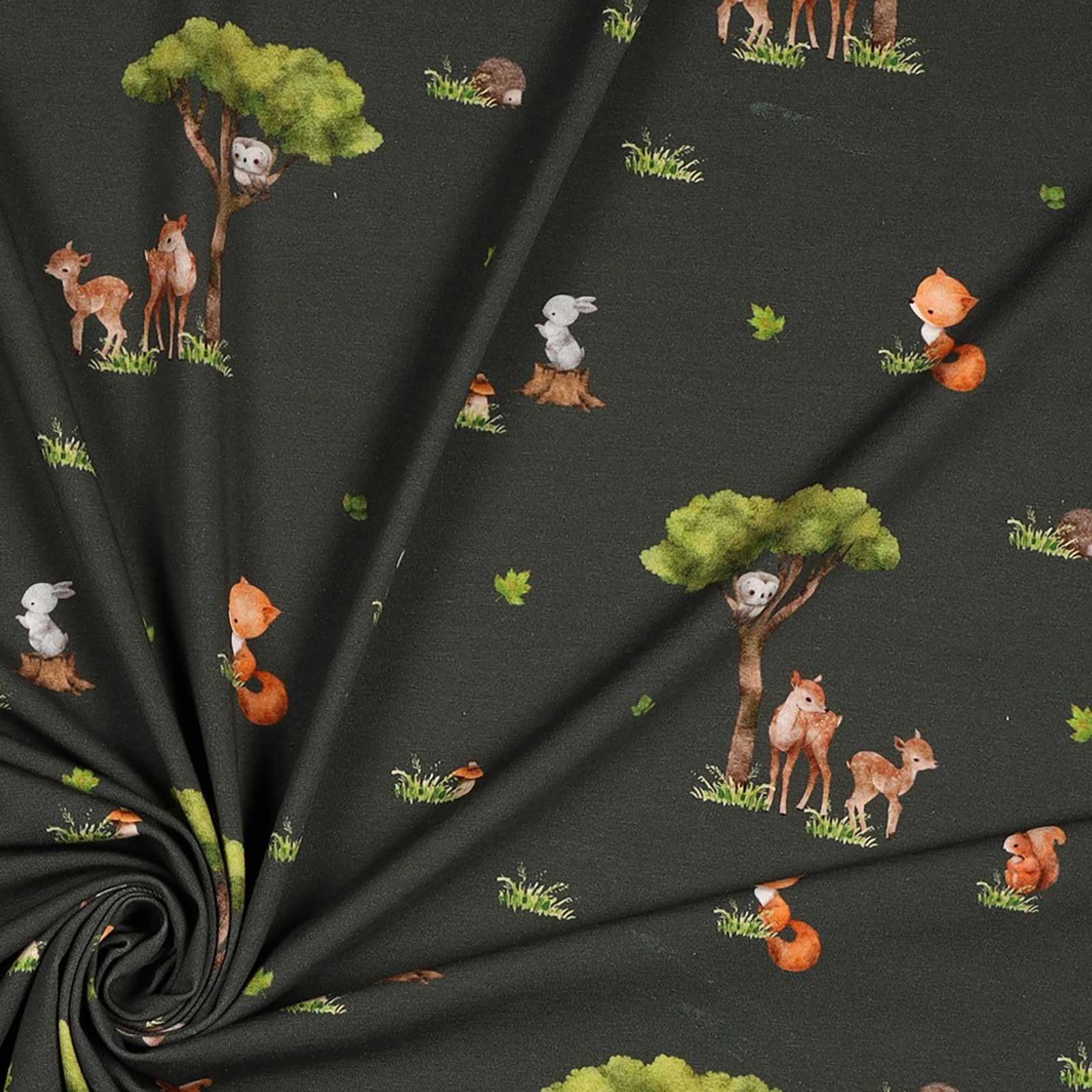 maDDma Stoff Jersey Kinderstoff Waldtiere ab 0,5x1,43m Baumwoll-Stoff Kindermotiv, khaki