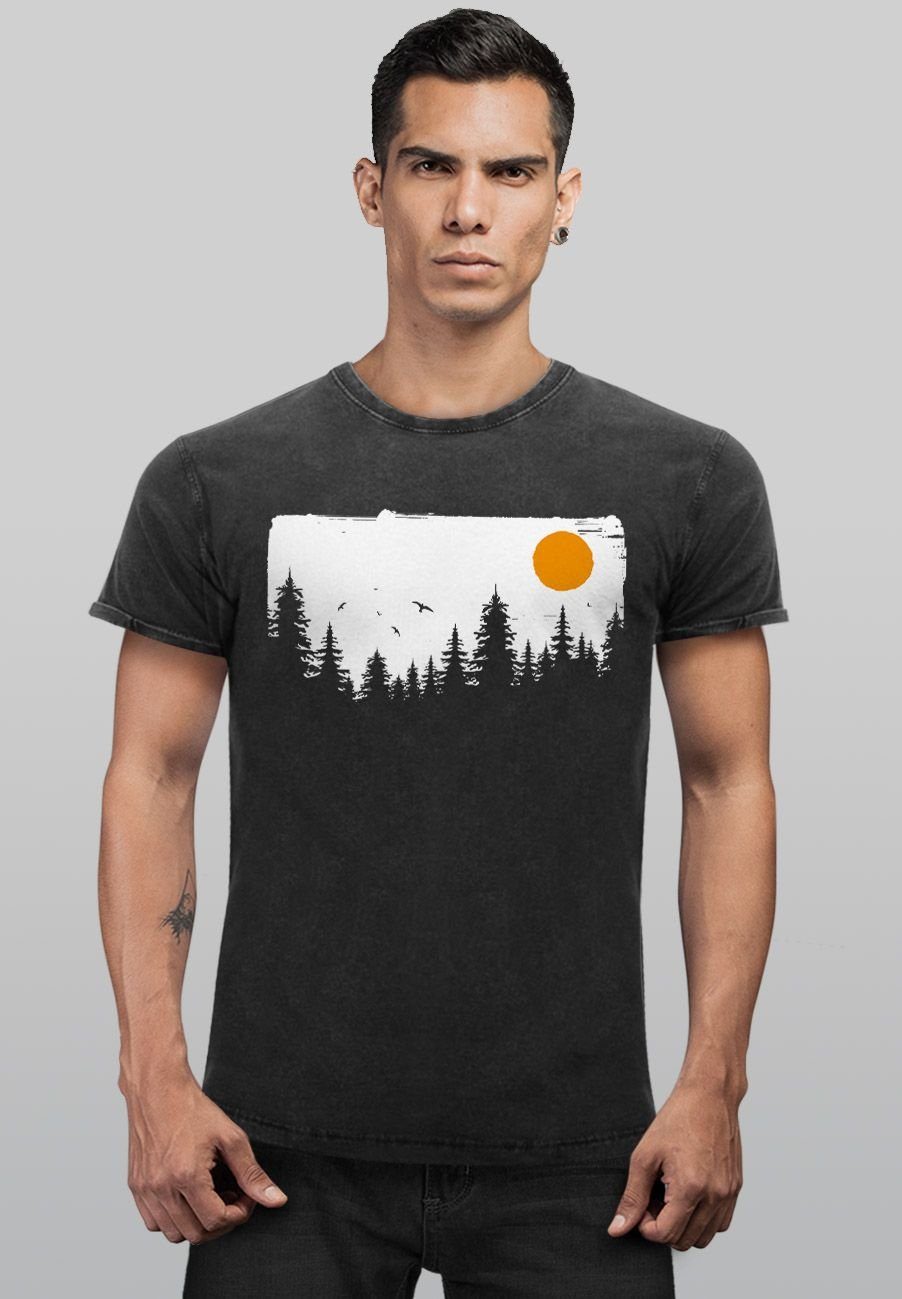 Neverless Natur-Lieb Outdoor Wald Adventure Abenteuer Print Shirt schwarz mit Herren Print-Shirt Bäume Vintage