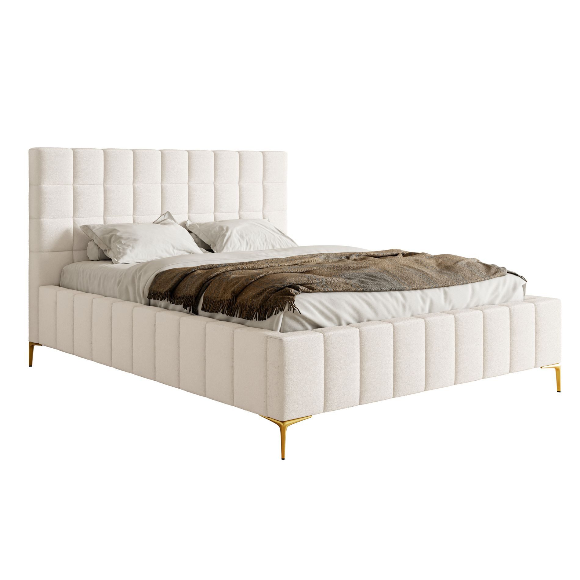 Selsey Polsterbett SZEJLO, mit Chenille-Bezug, Bettkasten, Lattenrost und goldfarbenen Beinen