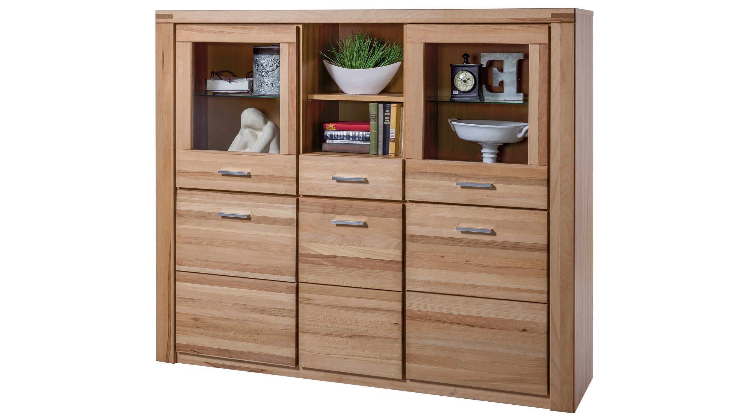 Massivart® Highboard FREYJA 159 cm / Massivholz Kernbuche geölt / Metallgriffe, 3 Holztüren / 2 Glastüren / 2 offene Fächer / Schublade