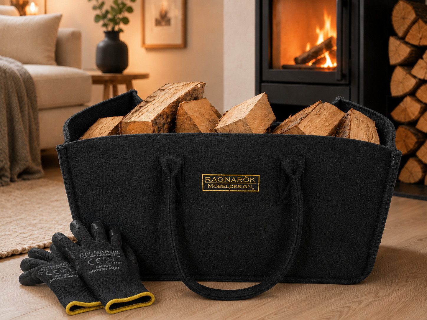 Ragnarök Möbel-Design Kaminholzkorb Kaminholztasche Ragnarök Möbeldesign inkl. Handschuhe (1 tlg. inkl. Handschuhe)