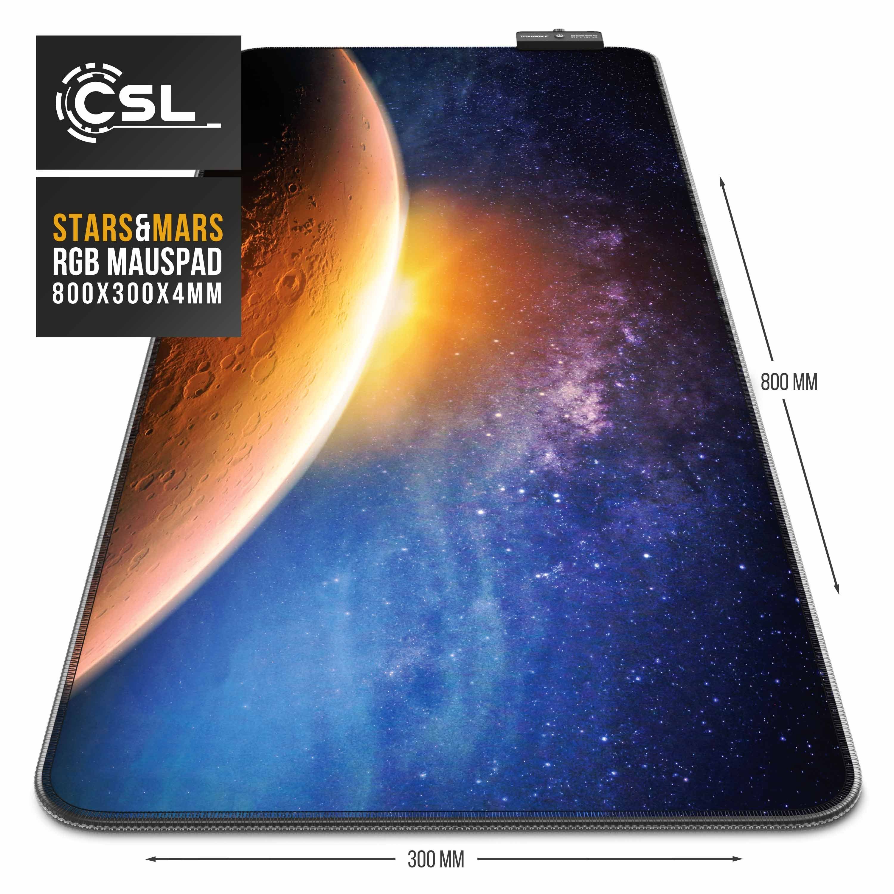 CSL Gaming Mauspad RGB Mousepad 800 x 300 x 3 mm, LED Multi Color XL Tischunterlage, rutschfest, abwaschbar, Geschwindigkeit & Präzision, Stars & Mars