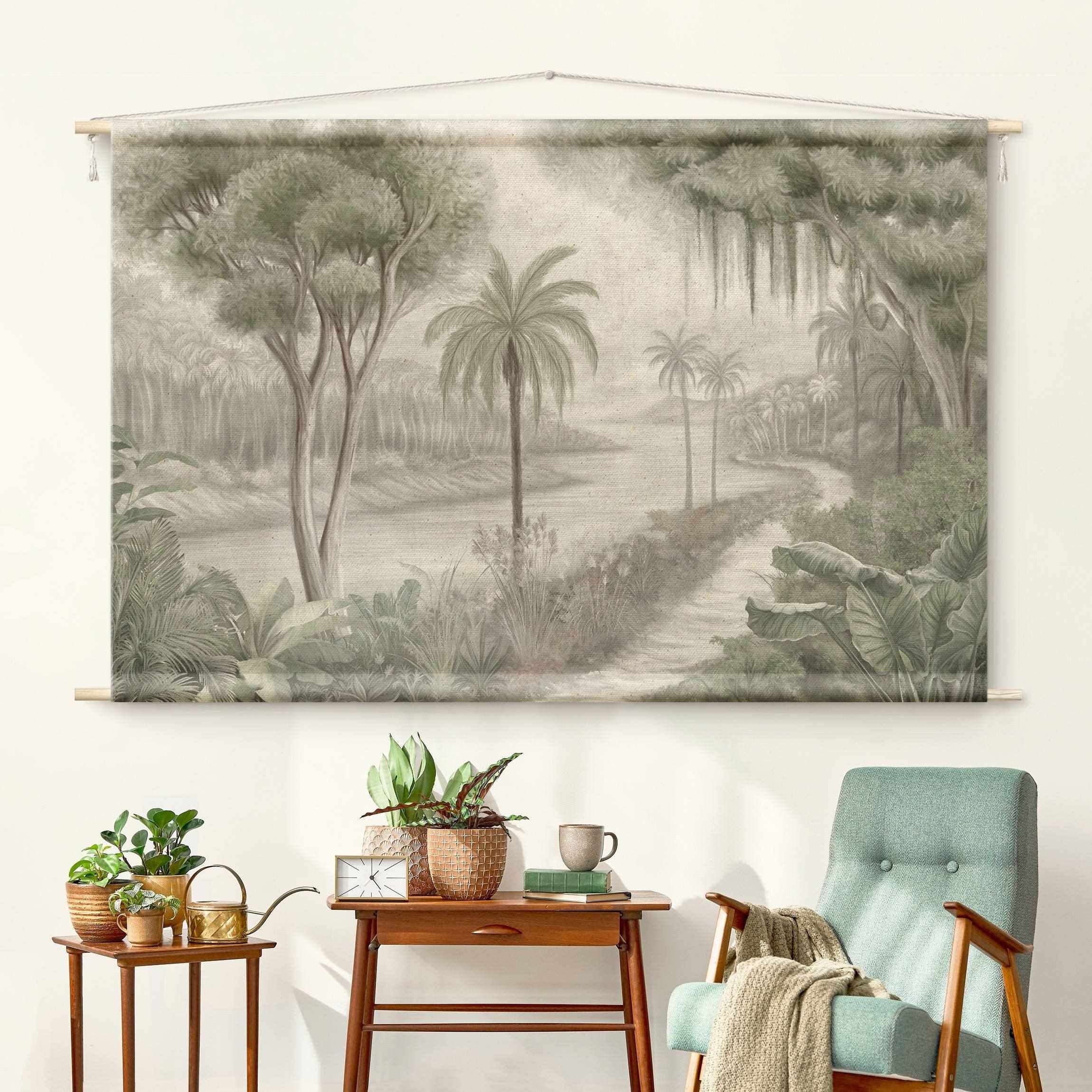 Bilderdepot24 Wandteppich modern Wald Tropisch Dschungel Natur Vintage grün, rechteckig, Höhe: 2.6 mm, großes Wandbild aus Natur-Baumwolle Wandbehang Stoffbild Tuch Wollseil