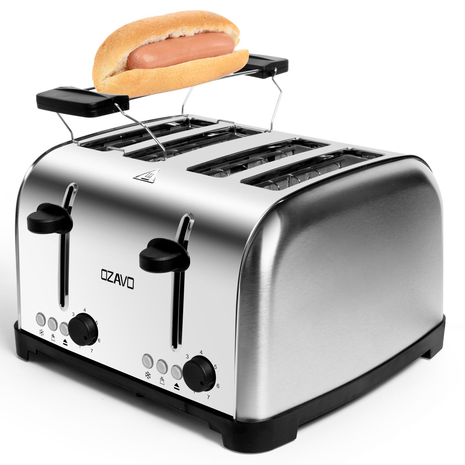 OZAVO Toaster OZ331 mit 7 Bräunungsstufen, Zentrierfunktion, 4 kurze Schlitze, 1700 W, Brötchenaufsatz Abnehmbarer Krümelschublade Edelstahlgehäuse