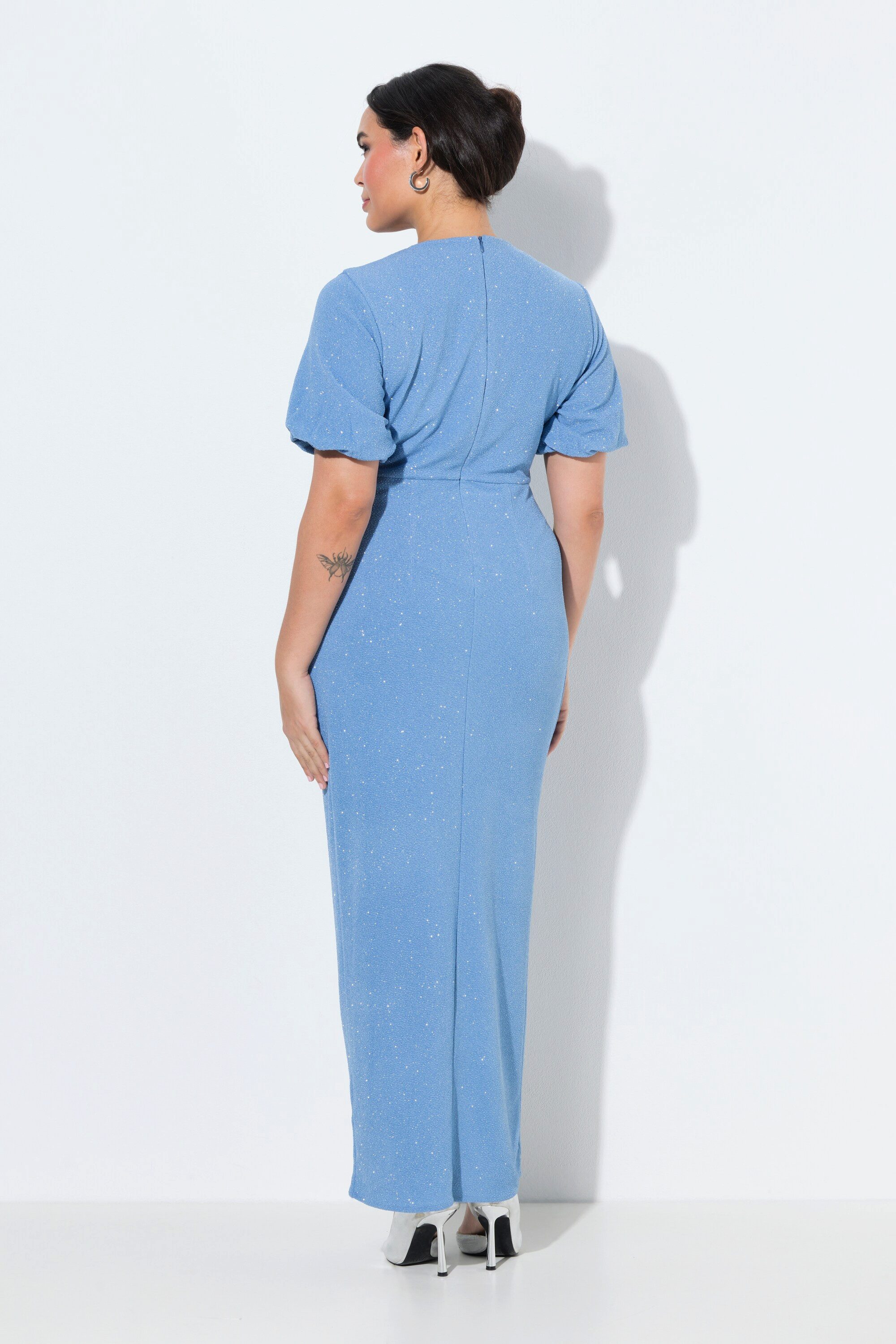 Ulla Popken Midikleid Maxikleid Wickeloptik V-Ausschnitt Ballon-Halbarm