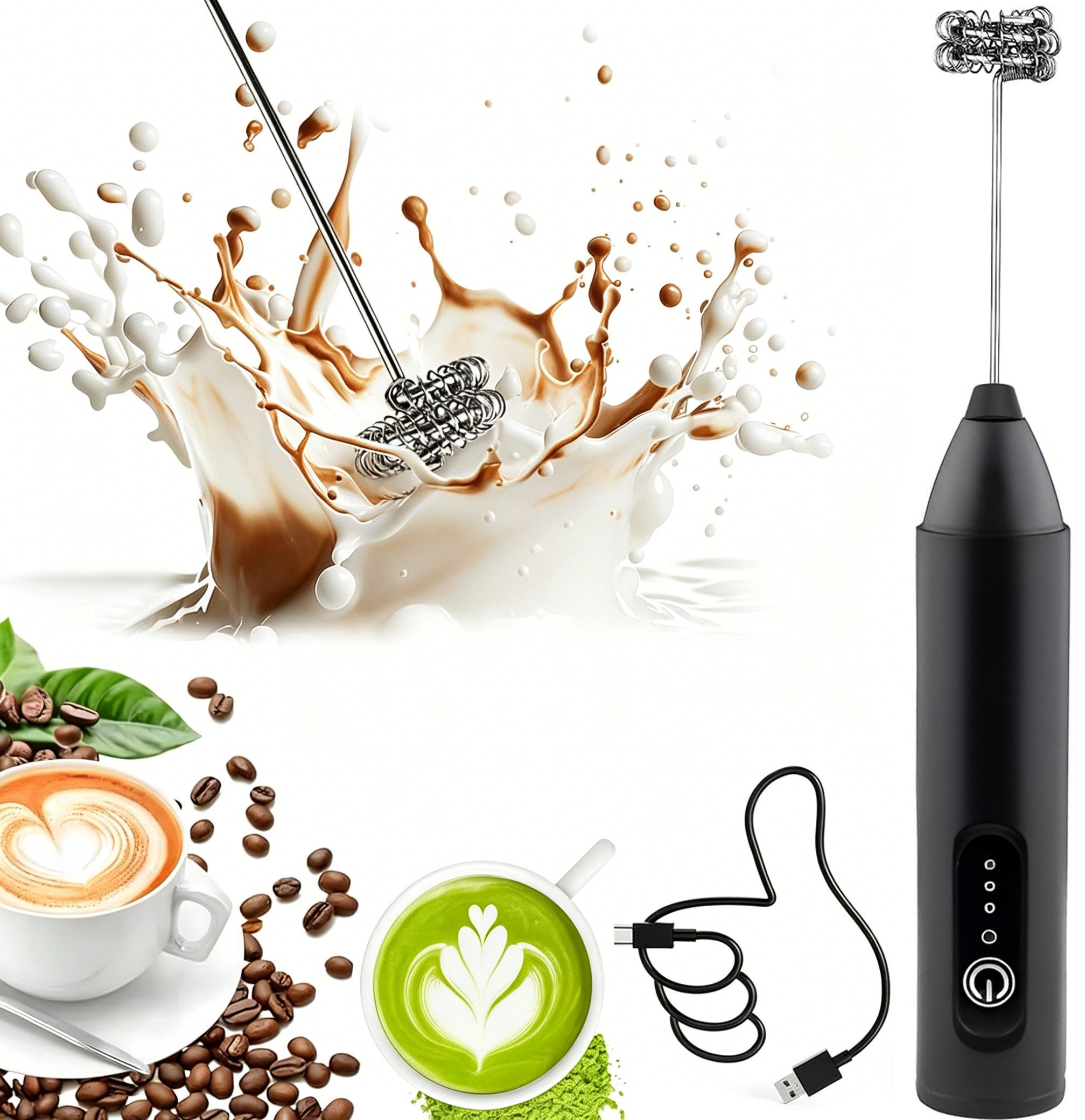 ibettertec Milchaufschäumer Milchaufschäumer Stab/Milchschäumer Elektrisch tragbarer mit Standfuß, Kaffeebesen batteriebetriebener für Latte, Matcha-Tee, Cappuccino
