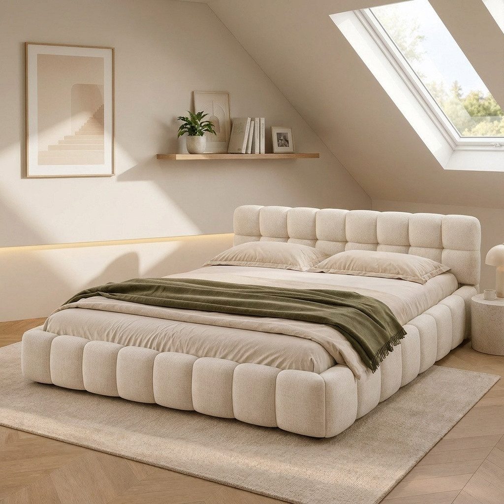 PXloue Polsterbett Doppelbett Jugendbett (ohne Matratze), (Futonbett), Mit Bettrahmen und Lattenrost, Leinen-Stoff, 140x200cm