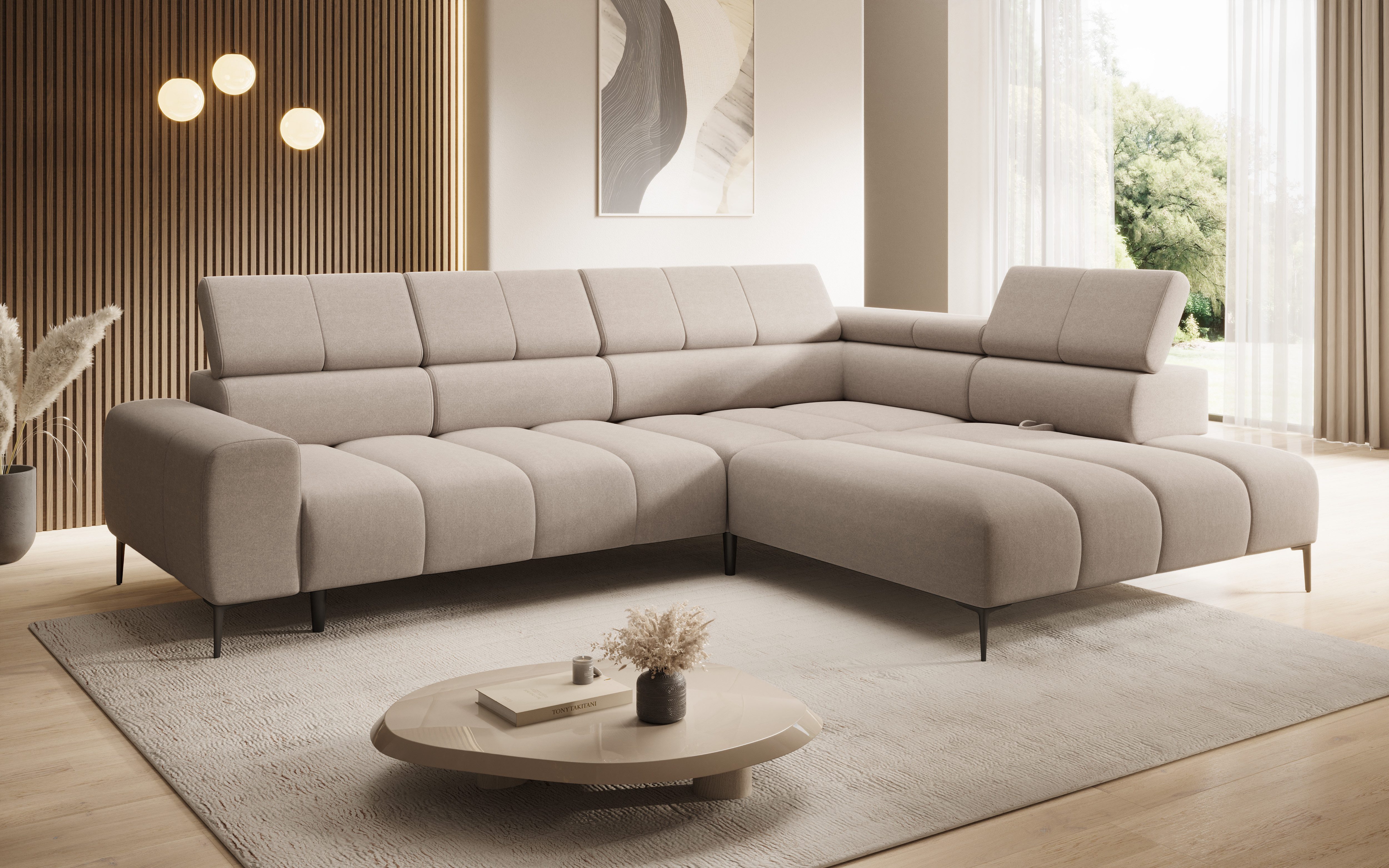 thematys Ecksofa MELLOW elektrisch 302 x 218 cm – mit elektrischem Sitzauszug, L-Sofa mit 4 verstellbaren Kopfstützen, Elektrischem Sitzauszug, Verstellbarer Rückenlehne, Velours (Element) - L-Form, Wohnlandschaft, 302 cm breit