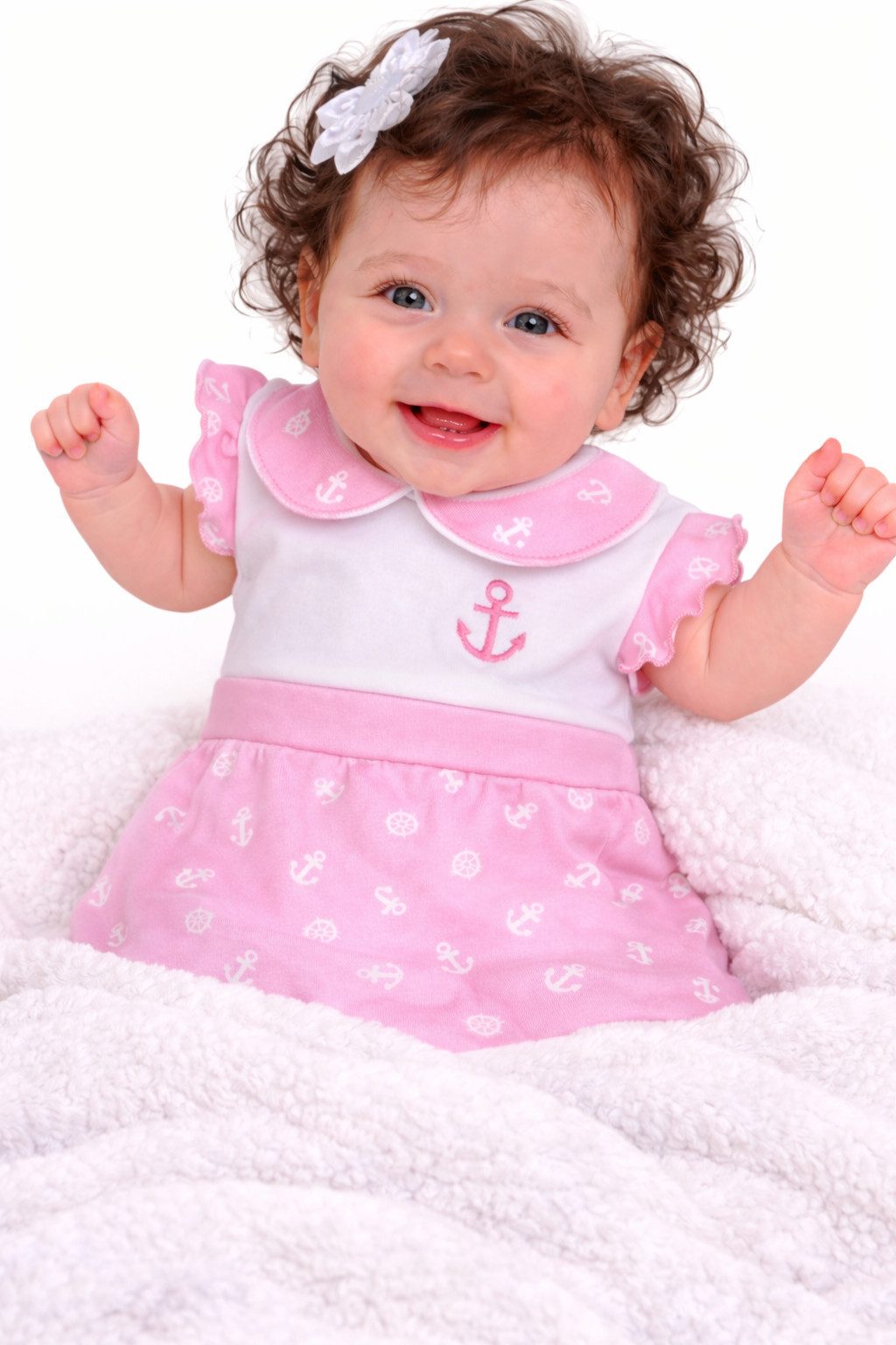 La Bortini Jerseykleid Kleid für Baby und Kinder in Weiß Rosa mit Anker aus reiner Baumwolle, 44 50 56 62 68 74 80 86 92 98