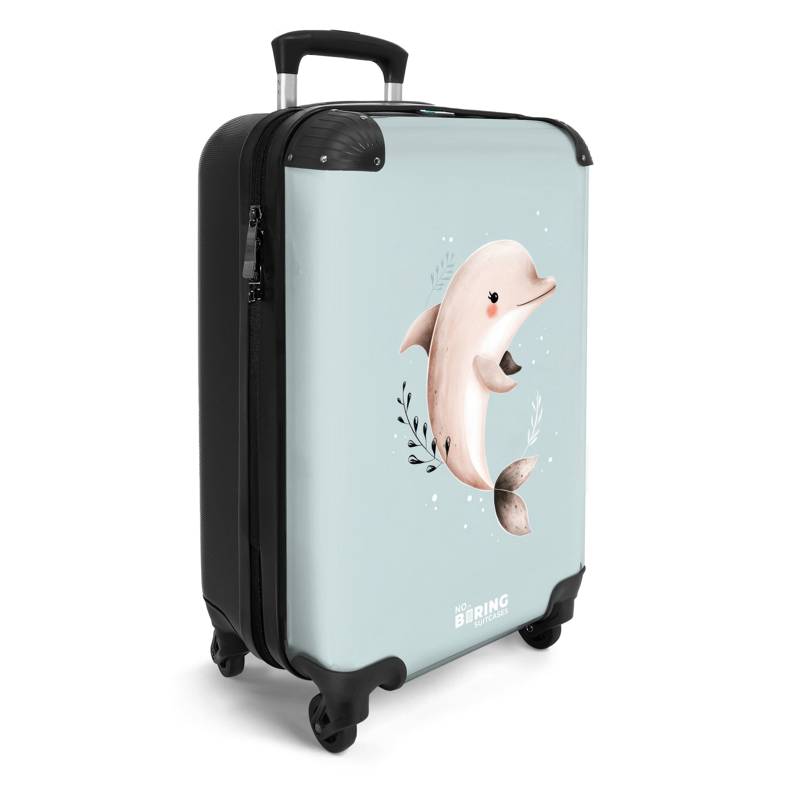 NoBoringSuitcases.com© Kinderkoffer Beigefarbener Delphin in blauem Wasser 55x35x20cm, 4 Rollen, Kinder Koffer Klein, Trolley Handgepäck, Reisekoffer