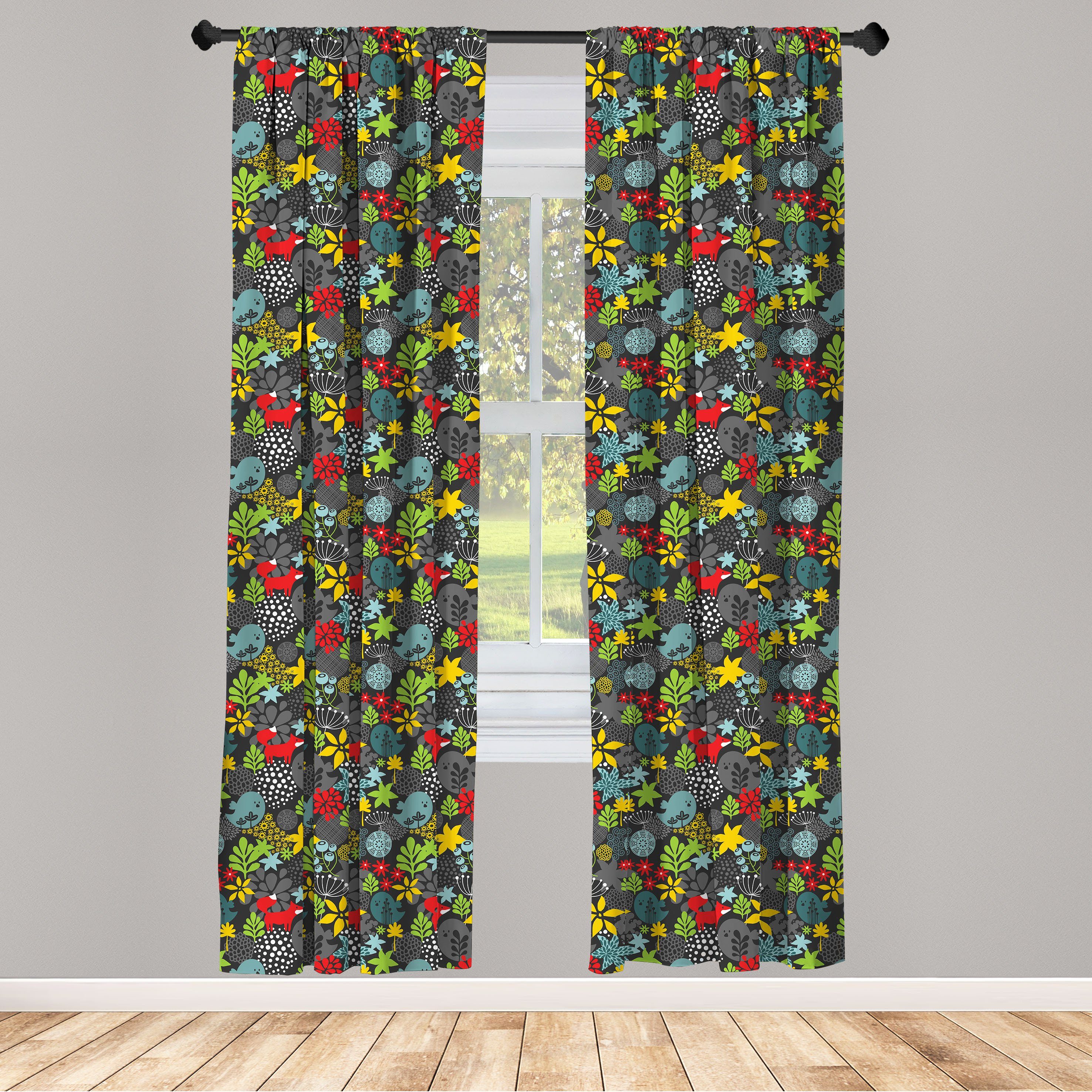 Gardine Vorhang für Wohnzimmer Schlafzimmer Dekor, Abakuhaus, Microfaser, Herbst Floral Fox Vogel Waldkunst