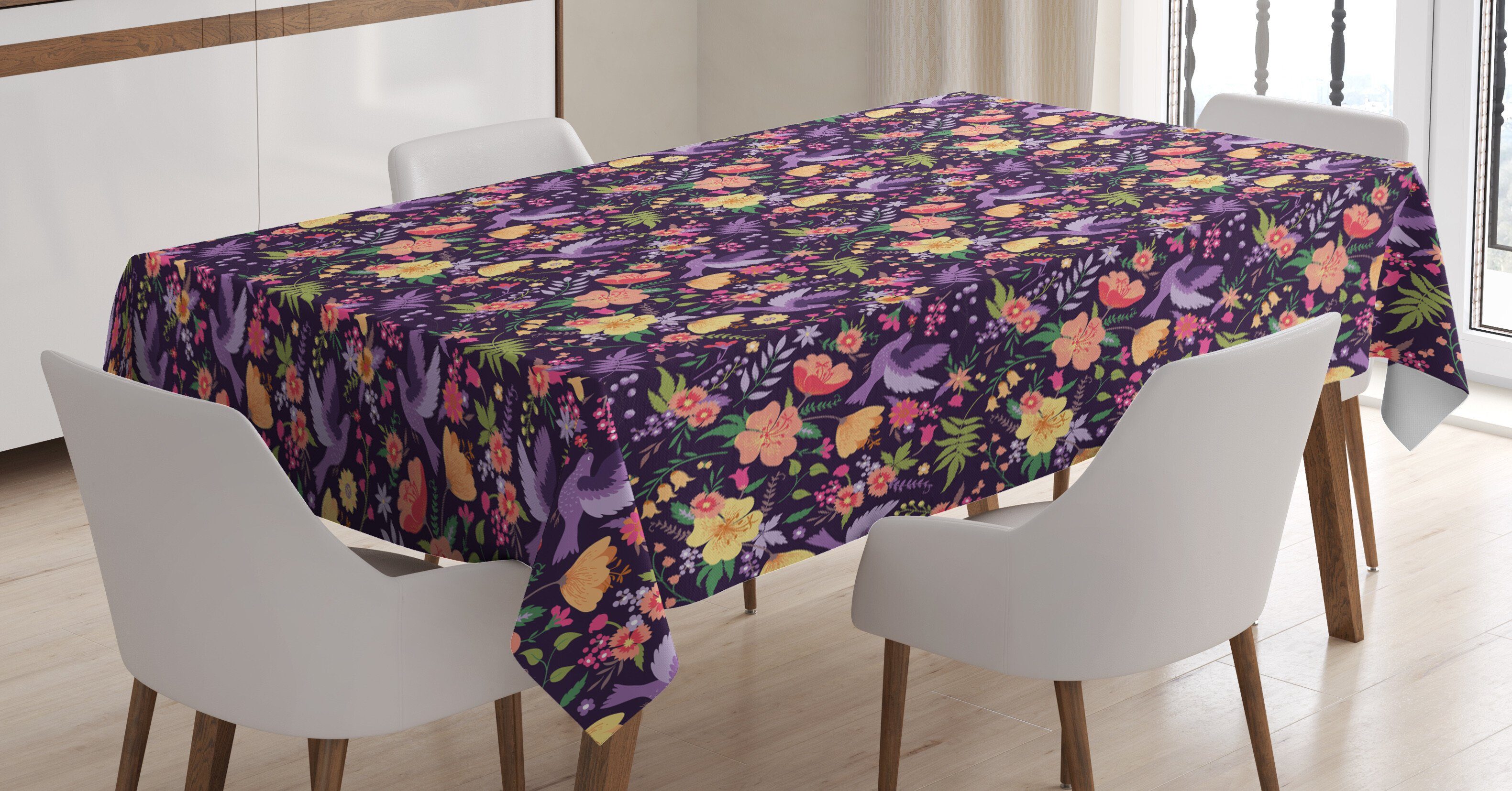 Abakuhaus Tischdecke Farbfest Waschbar Für den Außen Bereich geeignet Klare Farben, Natur Vögel und bunte Blumen