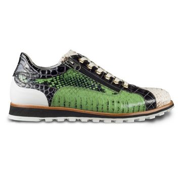 Lorenzi Leder-Sneaker grün/creme mit Schlangen-/Reptil-Prägung, Reißverschluß Sneaker Handgefertigt in Italien