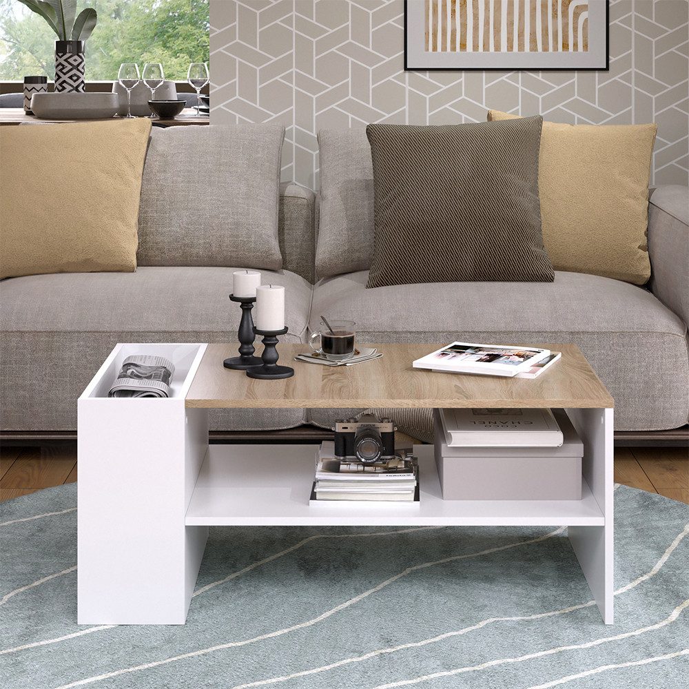 Vicco Couchtisch Wido, Weiß/Sonoma, 100 x 55 cm mit Regalen (1-St) günstig online kaufen