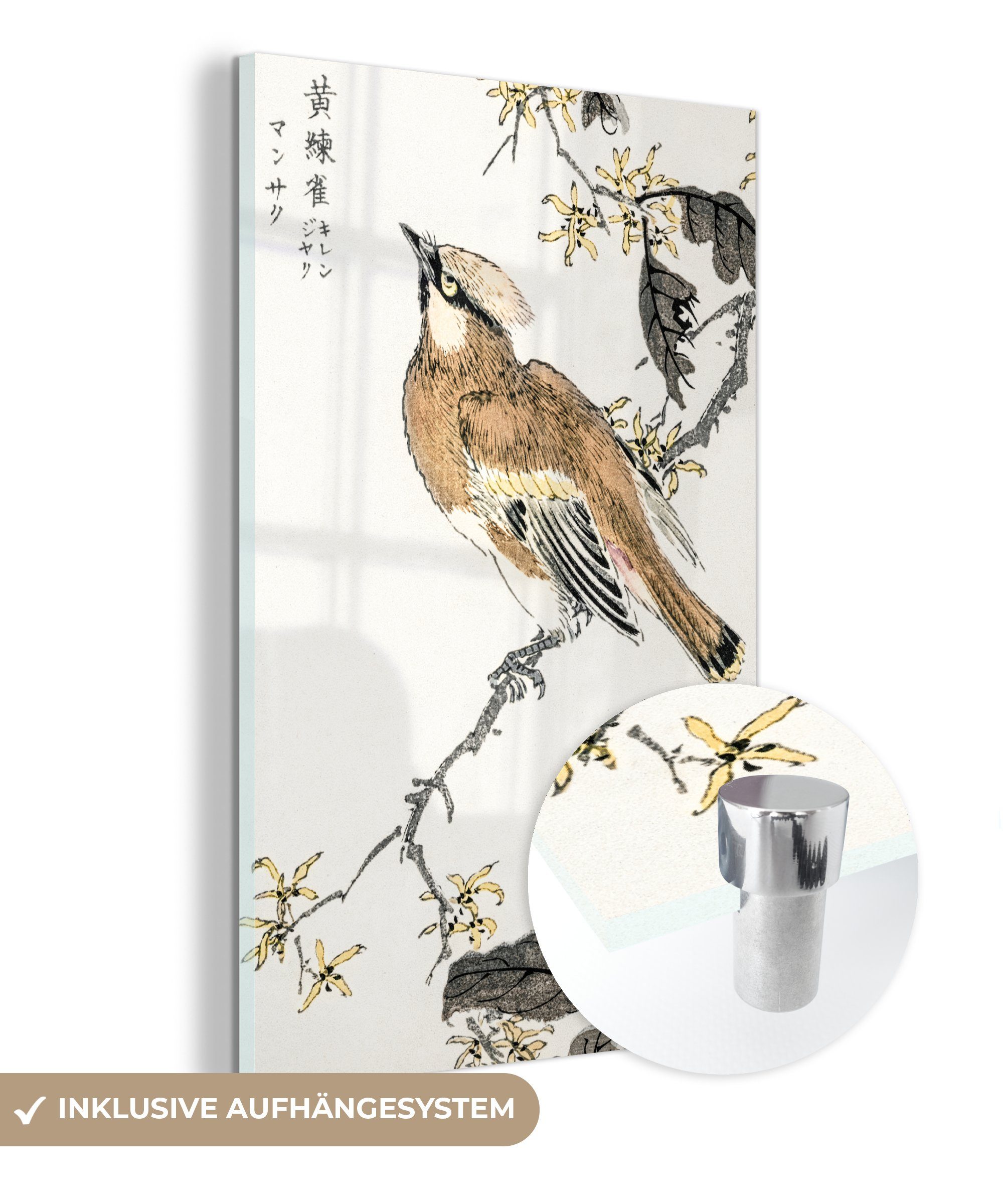MuchoWow Acrylglasbild Vogel - Baum - Retro - Japanisch - Skandinavisch, (1  St), Glasbilder - Bilder auf Glas Wandbild - Foto auf Glas - Wanddekoration