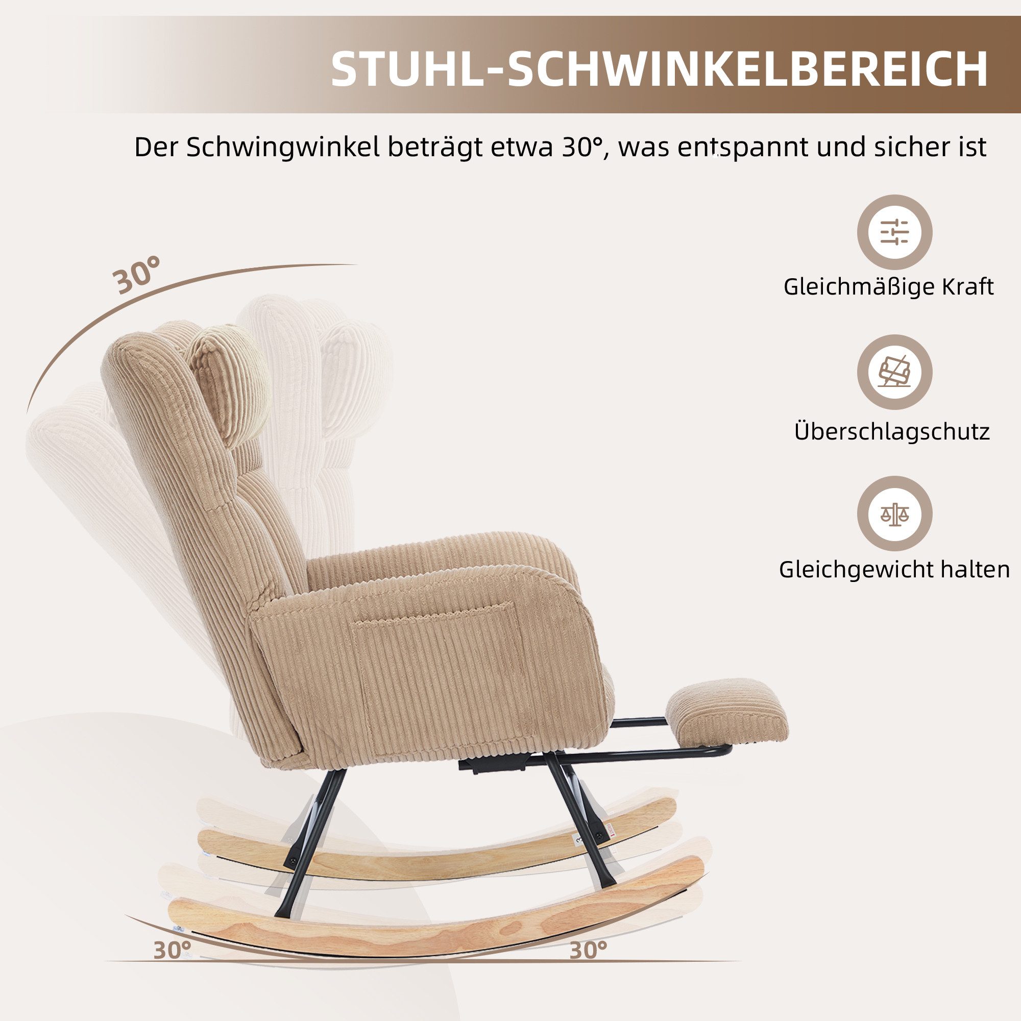MODFU Schaukelstuhl stabiler Holz-Metall-Konstruktion und Aufbewahrungstasche (Kinderzimmer-Gleitstuhl, Sessel, 1 St), mit gepolstertem Sitz, hoher Rückenlehne, unsichtbarer Fußstütze