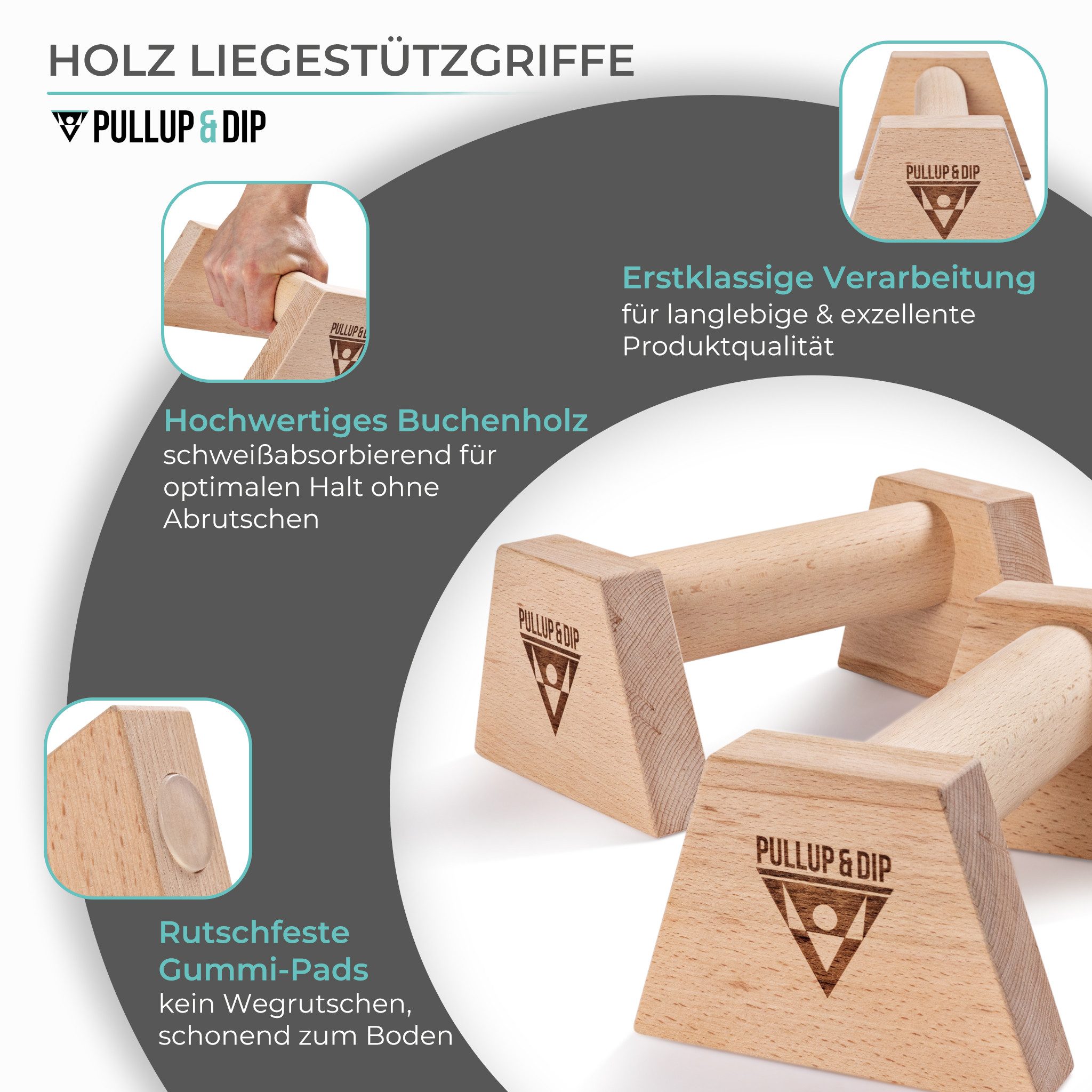 Pullup & Dip Liegestützgriffe Holz Liegestützgriffe mit ergonomischem Griff inkl. Wrist Wraps