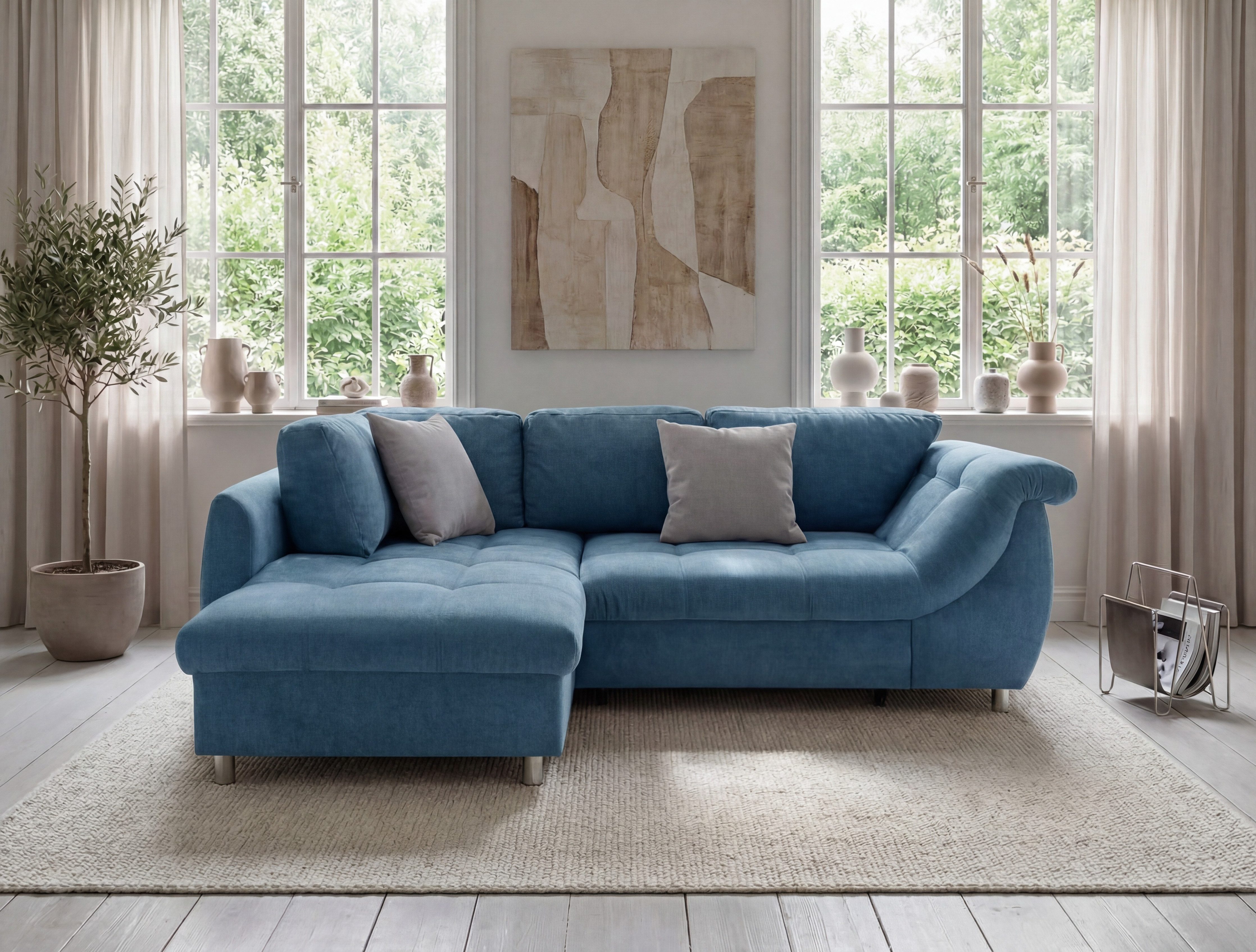 luma-home Ecksofa 17108, mit Bettfunktion B250/T190/H84 cm, Liegefläche 179x190 cm, Ottomane links, Wellenunterfederung, Mikrofaser Blau