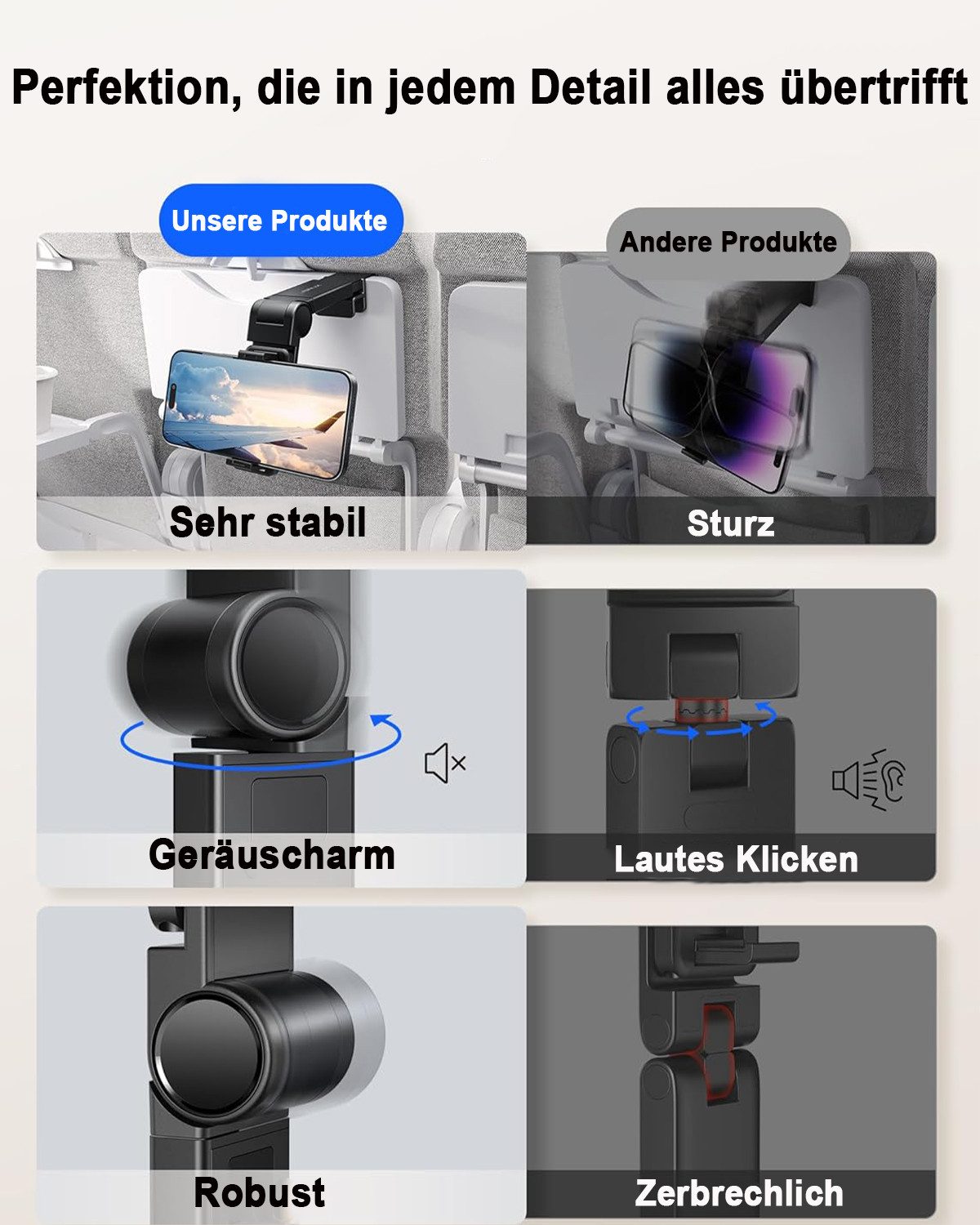 TUWENA Smartphone-Halterung Handyhalterung Flugzeug, 360 Drehbar Verstellbare Handy Halterung, (Geräuschlos verstellbar, stabiler Halt, faltbar, für Flug & Allt – Bild 4 von 5