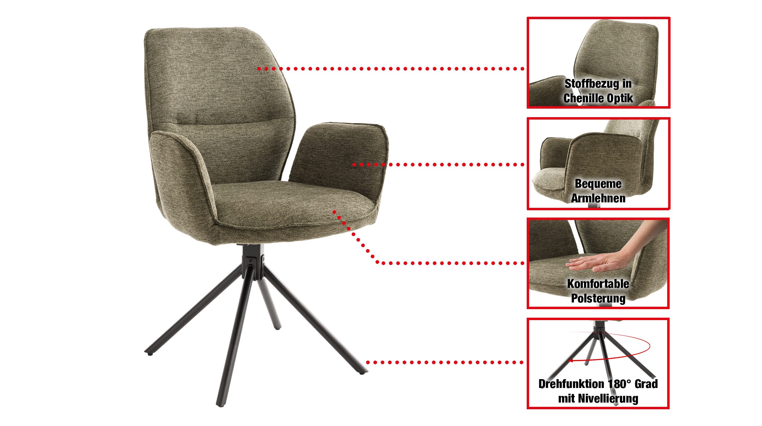 Massivart® Polsterstuhl drehbar, Esszimmerstuhl, Chenille-Optik, Armlehne, »Greyton«, gepolsterte Armlehnen · Metallgestell schwarz matt · mit Nivellierung – Bild 3 von 5